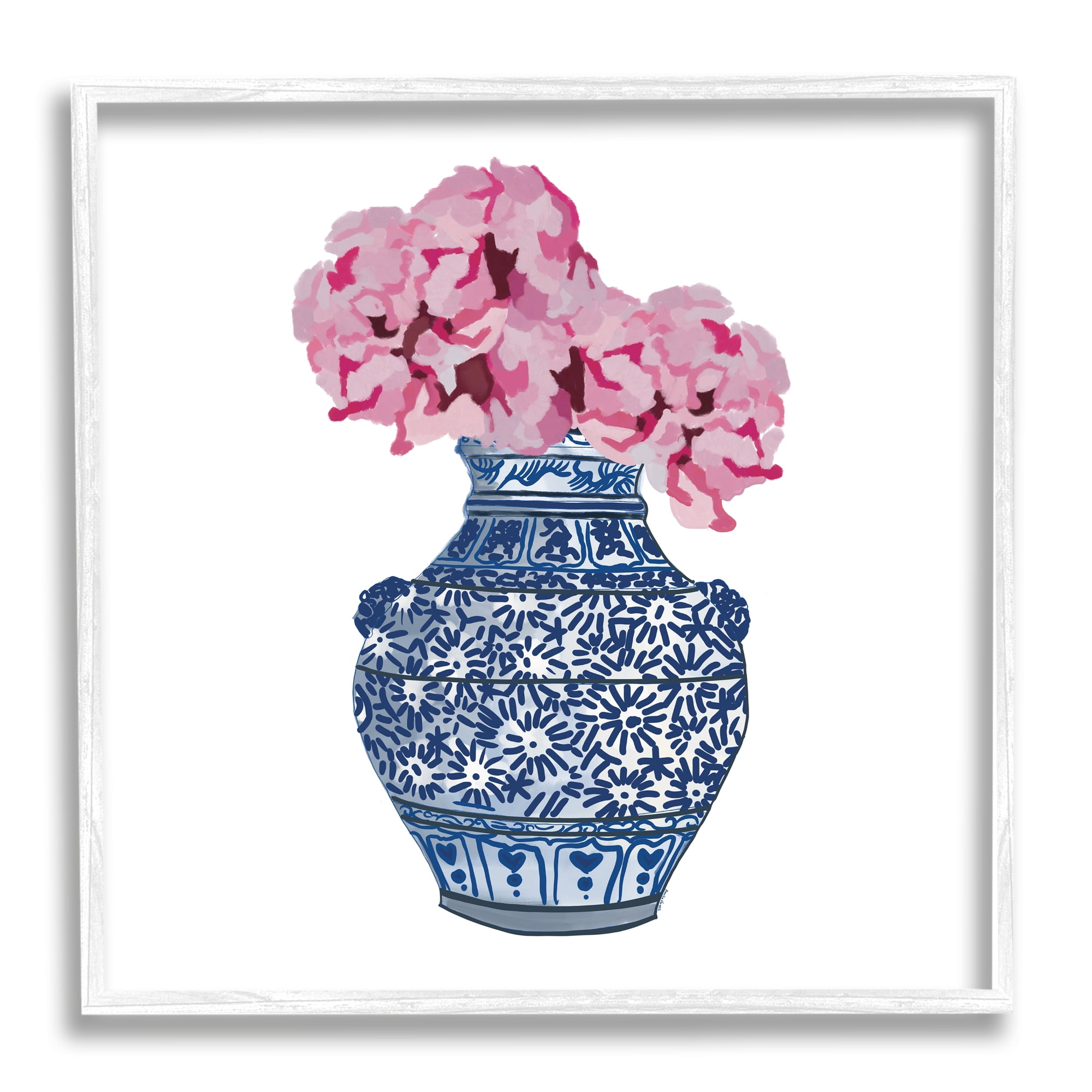 Stupell Industries Modern Floral Ikebana Arrangement Ornate Blue Vase Graphic Art White Framed Art Print Wall Art, Design by Amelia Noyes