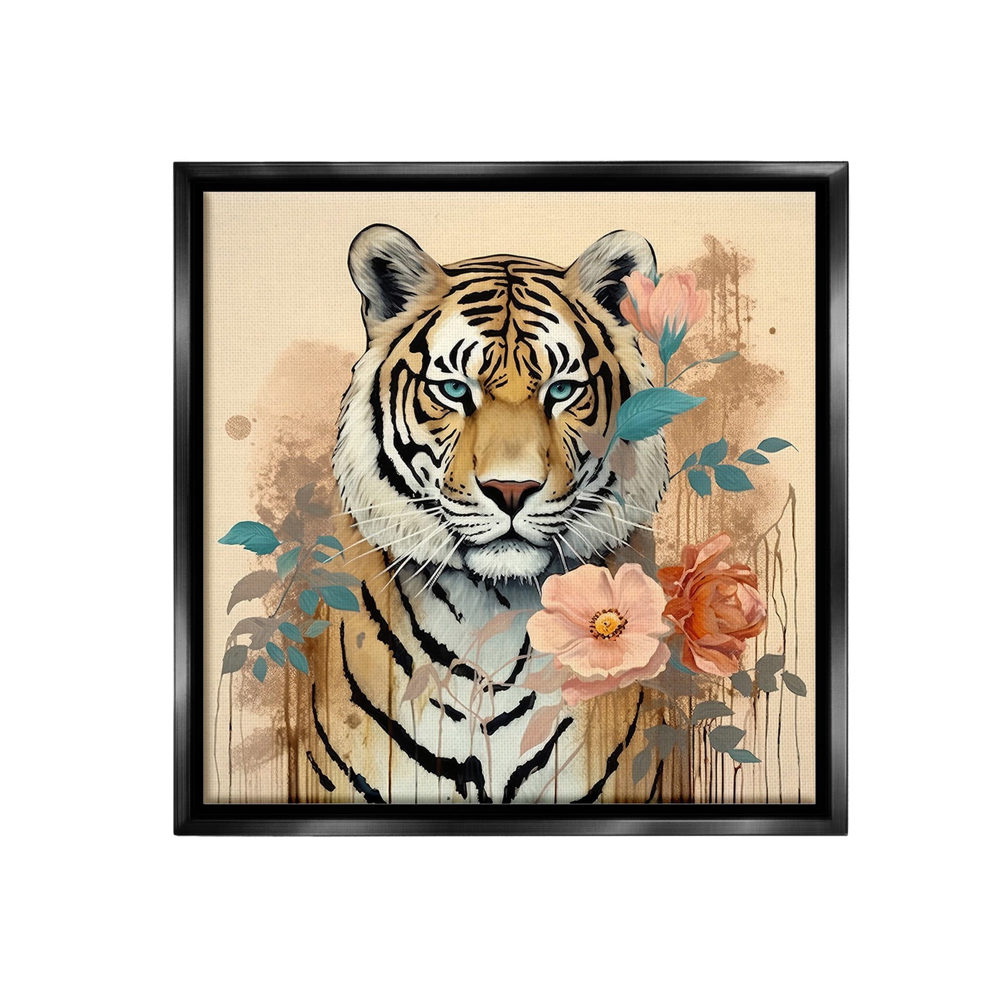 Stupell Industries Modern Floral Tiger Animals & Insects Painting Black Floater Framed Canvas Art Print Wall Art, 25 x 25