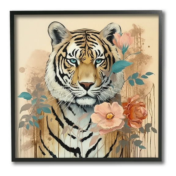 Stupell Industries Modern Floral Tiger Animals & Insects Painting Black Framed Art Print Wall Art, 12 x 12