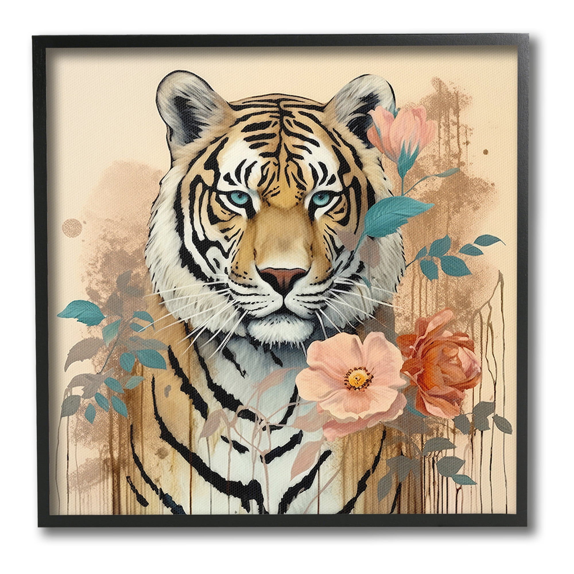 Stupell Industries Modern Floral Tiger Animals & Insects Painting Black Framed Art Print Wall Art, 24 x 24