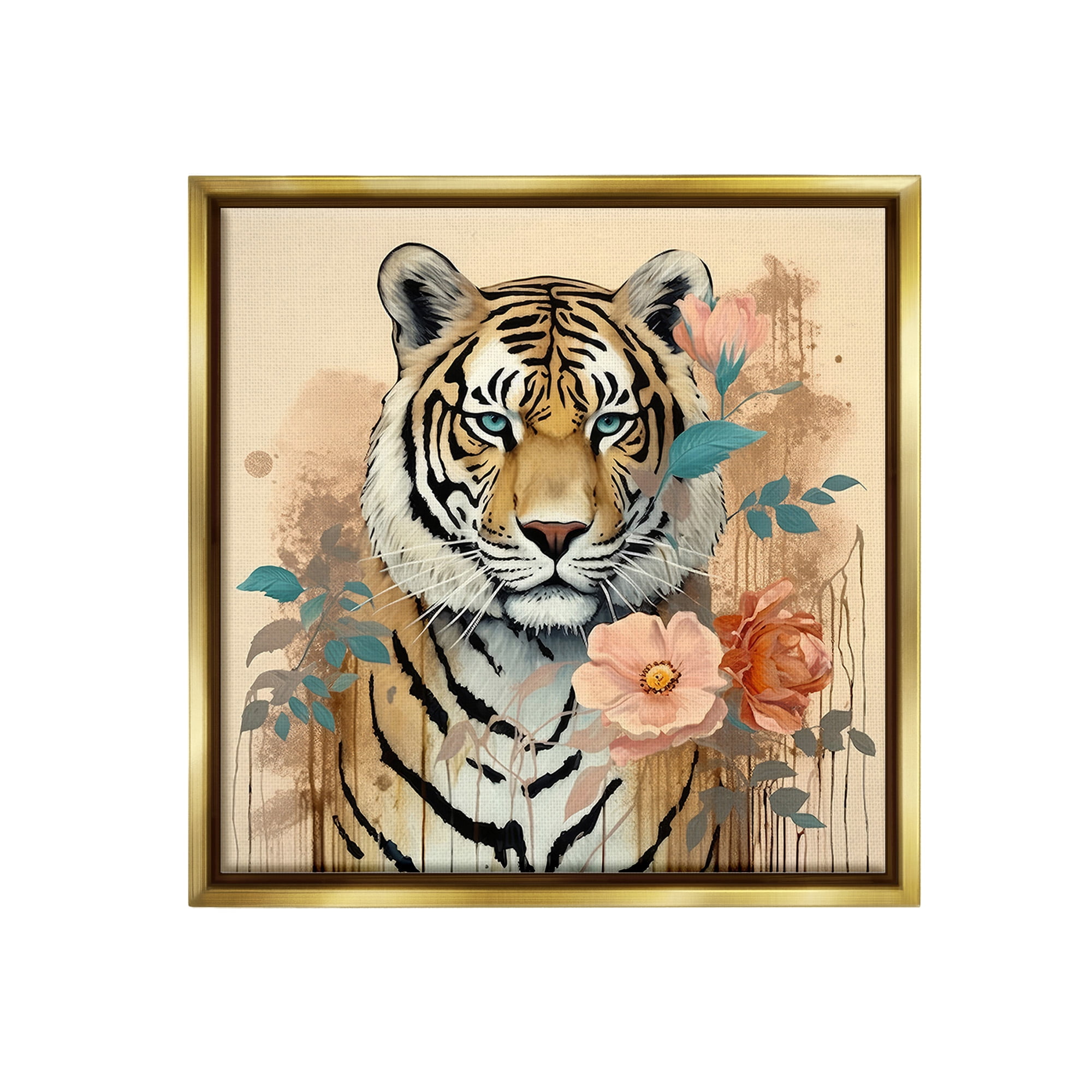 Stupell Industries Modern Floral Tiger Animals & Insects Painting Gold Floater Framed Canvas Art Print Wall Art, 25 x 25