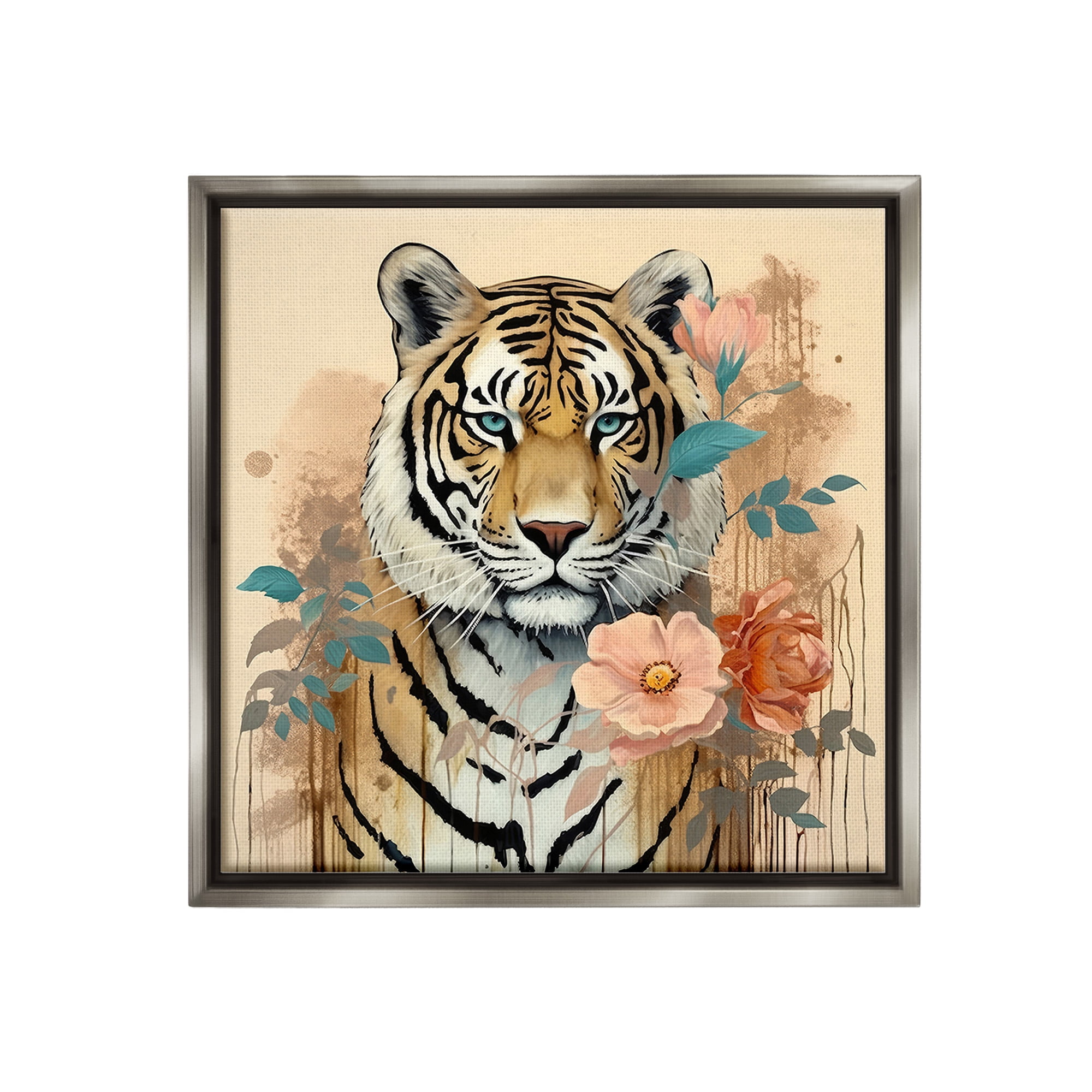 Stupell Industries Modern Floral Tiger Animals & Insects Painting Gray Floater Framed Canvas Art Print Wall Art, 18 x 18