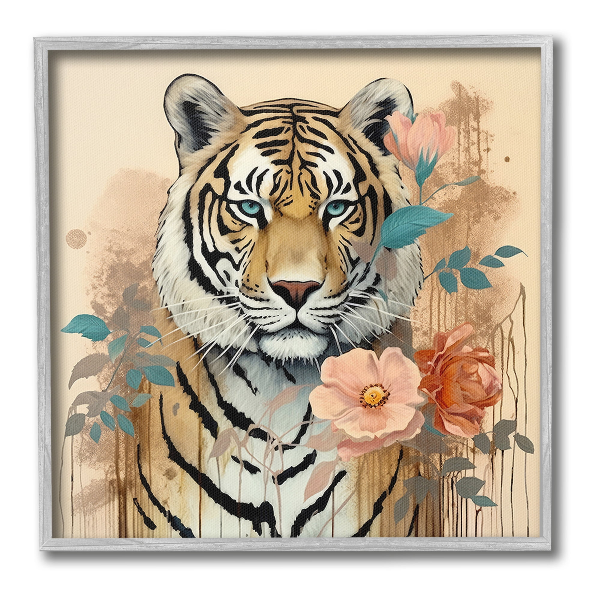 Stupell Industries Modern Floral Tiger Animals & Insects Painting Gray Framed Art Print Wall Art, 12 x 12