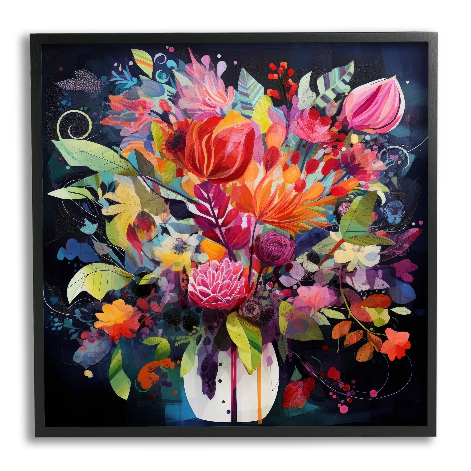 Stupell Industries Modern Flowers on Blue Botanical & Floral Painting Black Framed Art Print Wall Art, 17 x 17
