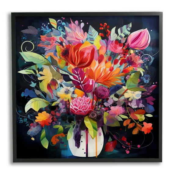 Stupell Industries Modern Flowers on Blue Botanical & Floral Painting Black Framed Art Print Wall Art, 24 x 24