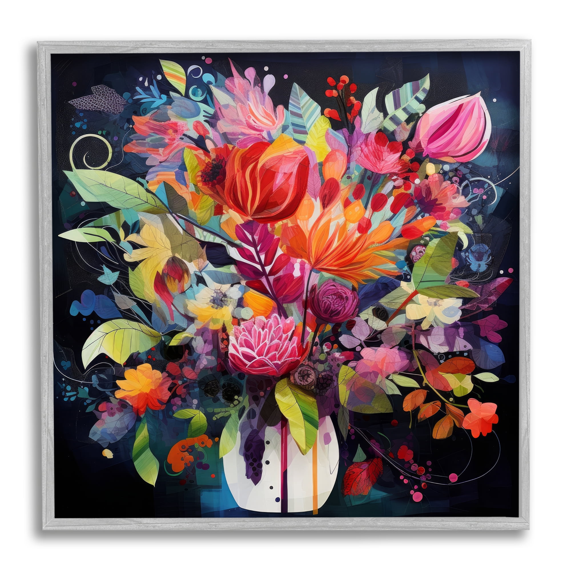 Stupell Industries Modern Flowers on Blue Botanical & Floral Painting Gray Framed Art Print Wall Art, 17 x 17