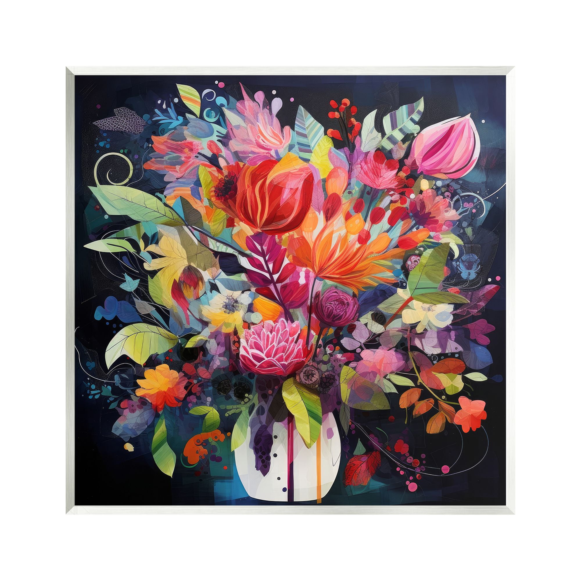 Modern Floral Botanical Art Print on Blue MDF Wood