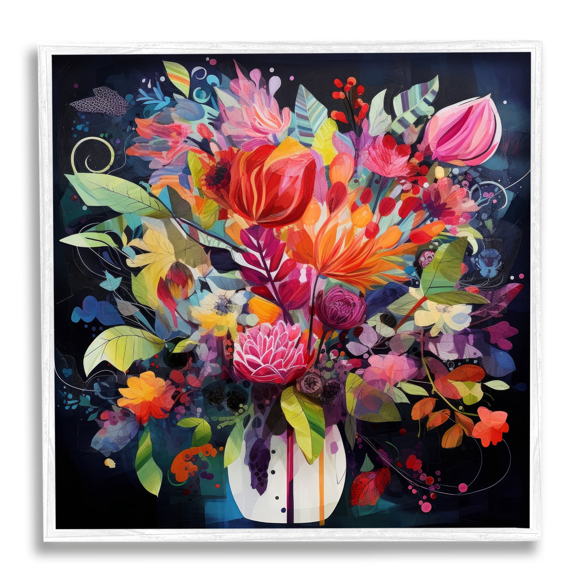 Stupell Industries Modern Flowers on Blue Botanical & Floral Painting White Framed Art Print Wall Art, 12 x 12