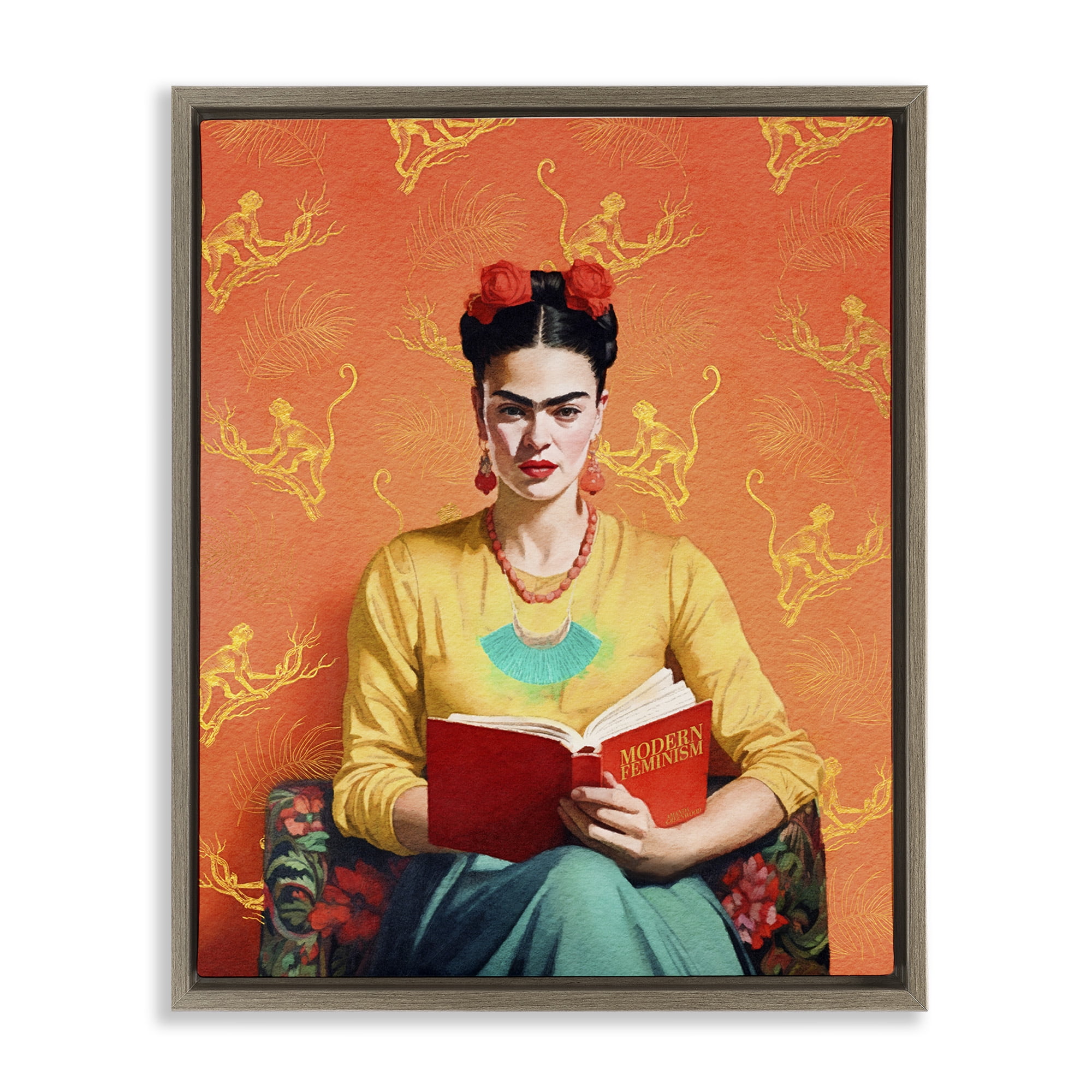 Stupell Industries Modern Frida Kahlo Literature & Flim Painting Brown Floater Framed Canvas Art Print Wall Art, 17 x 21