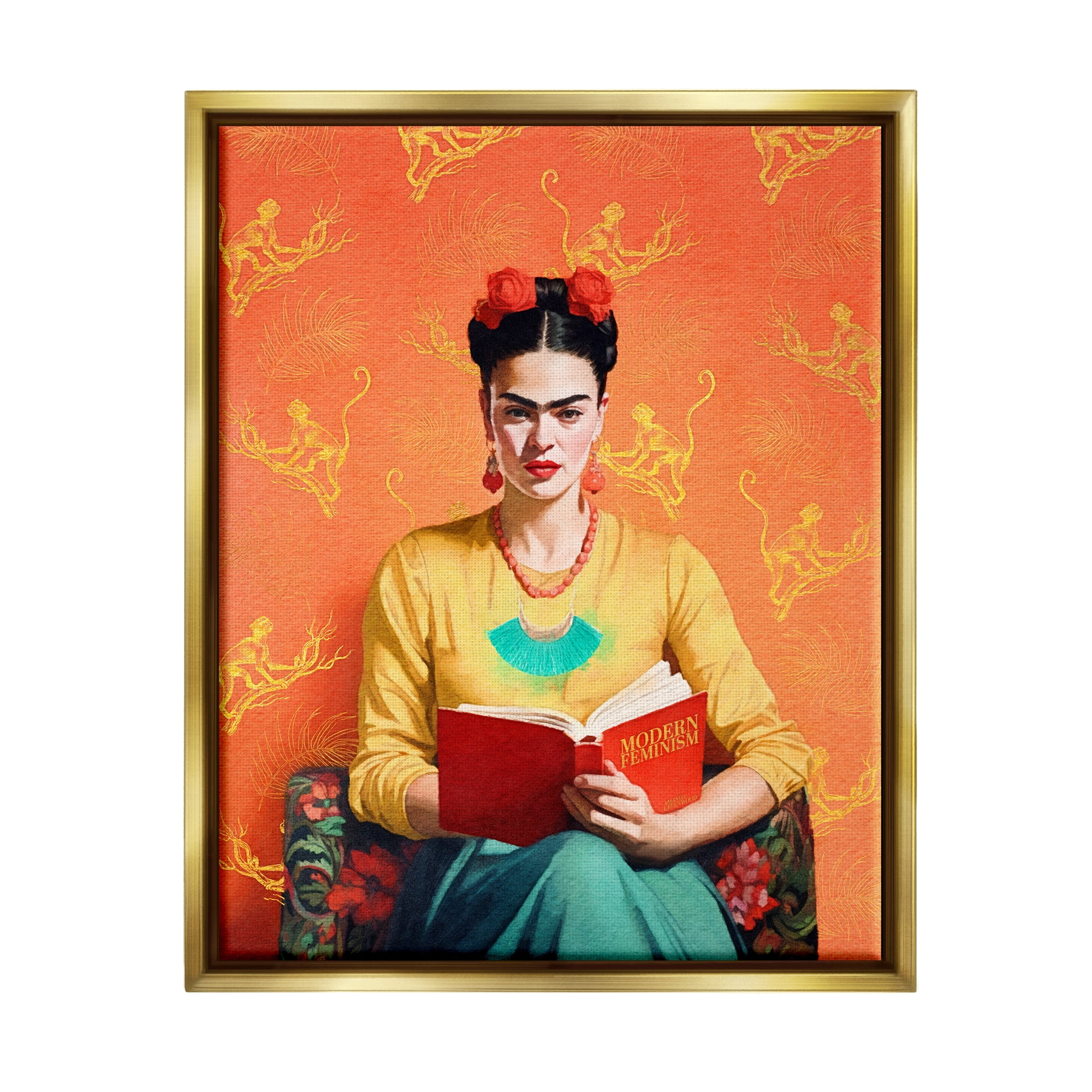 Stupell Industries Modern Frida Kahlo Literature & Flim Painting Gold Floater Framed Canvas Art Print Wall Art, 17 x 21
