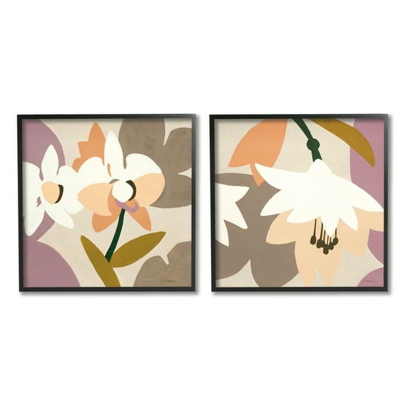 Stupell Industries Modern Geometric Orchids Botanical & Floral Painting Black Framed Art Print Wall Art, 12 x 12, Set of 2