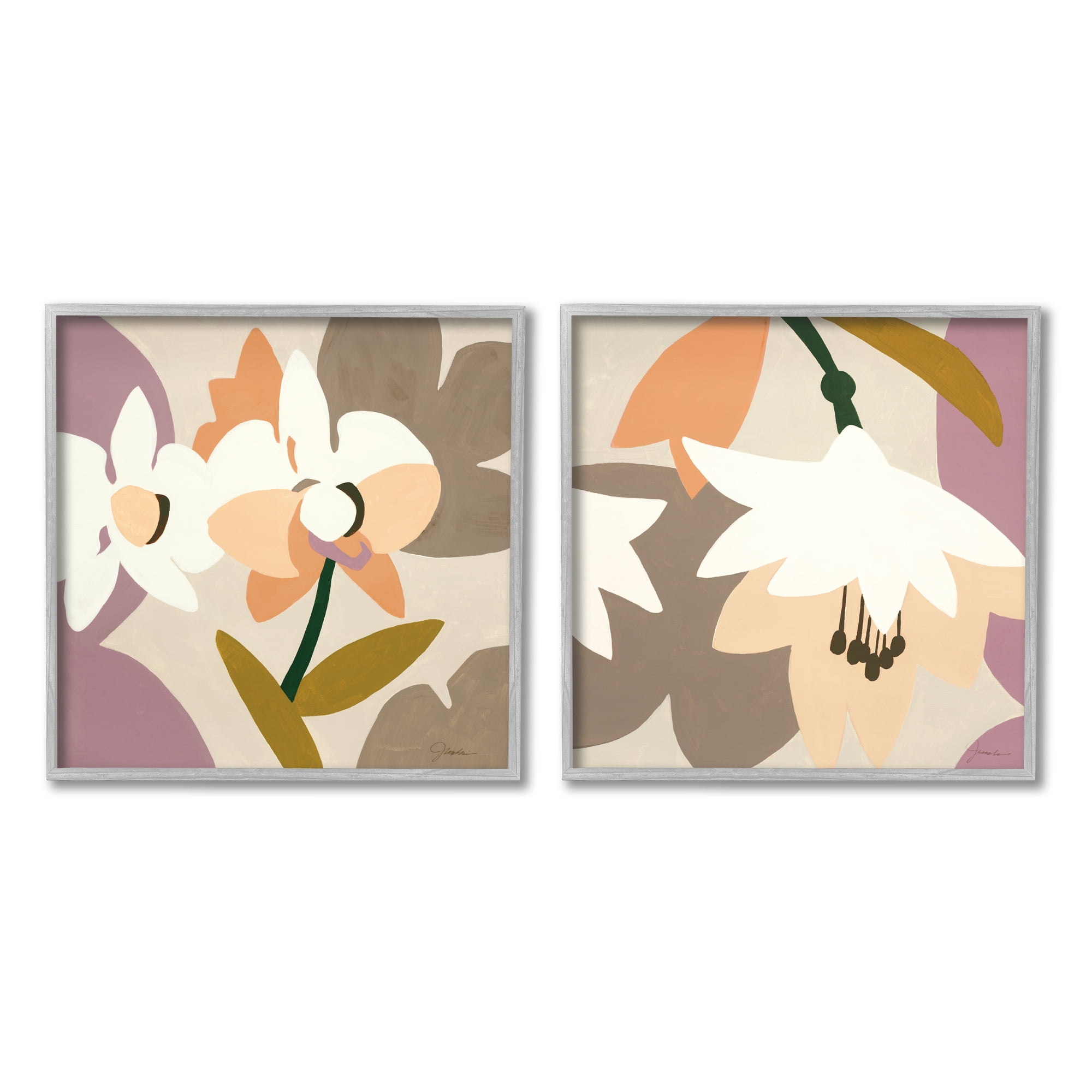 Stupell Industries Modern Geometric Orchids Botanical & Floral Painting Gray Framed Art Print Wall Art, 24 x 24, Set of 2