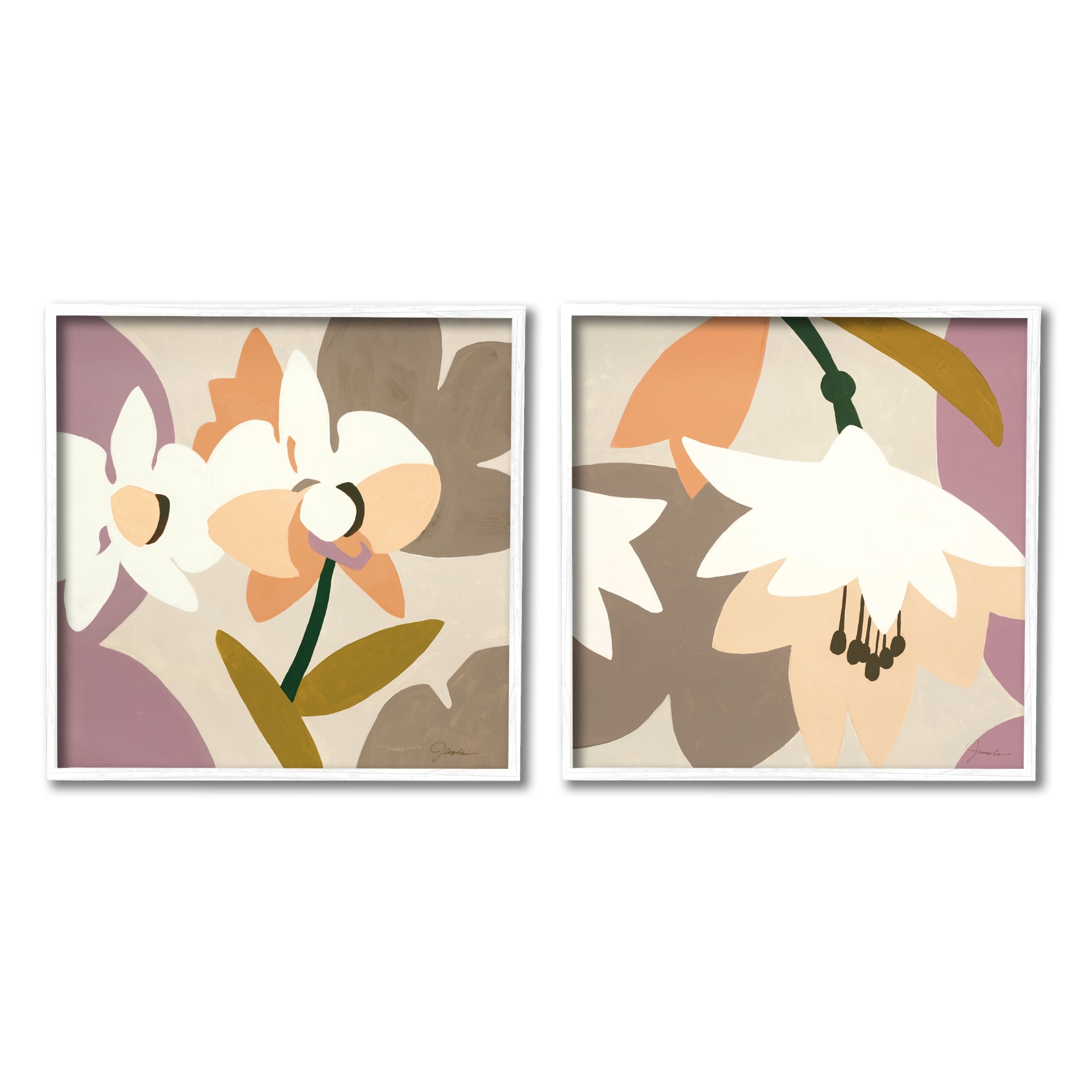 Stupell Industries Modern Geometric Orchids Botanical & Floral Painting White Framed Art Print Wall Art, 17 x 17, Set of 2