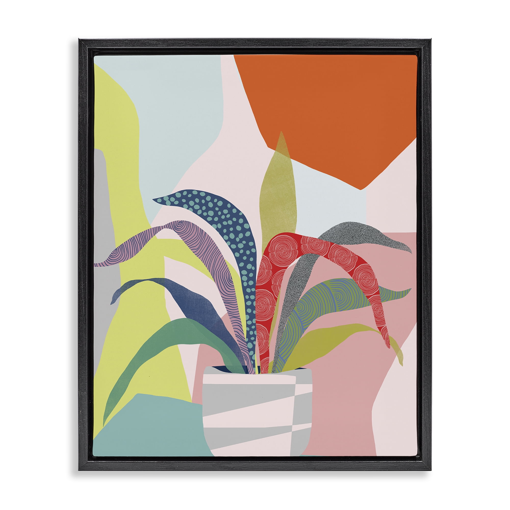 Stupell Industries Modern Geometric Plant Leaves Plants & Flowers Painting Black Floater Framed Canvas Art Print Wall Art, 25 x 31