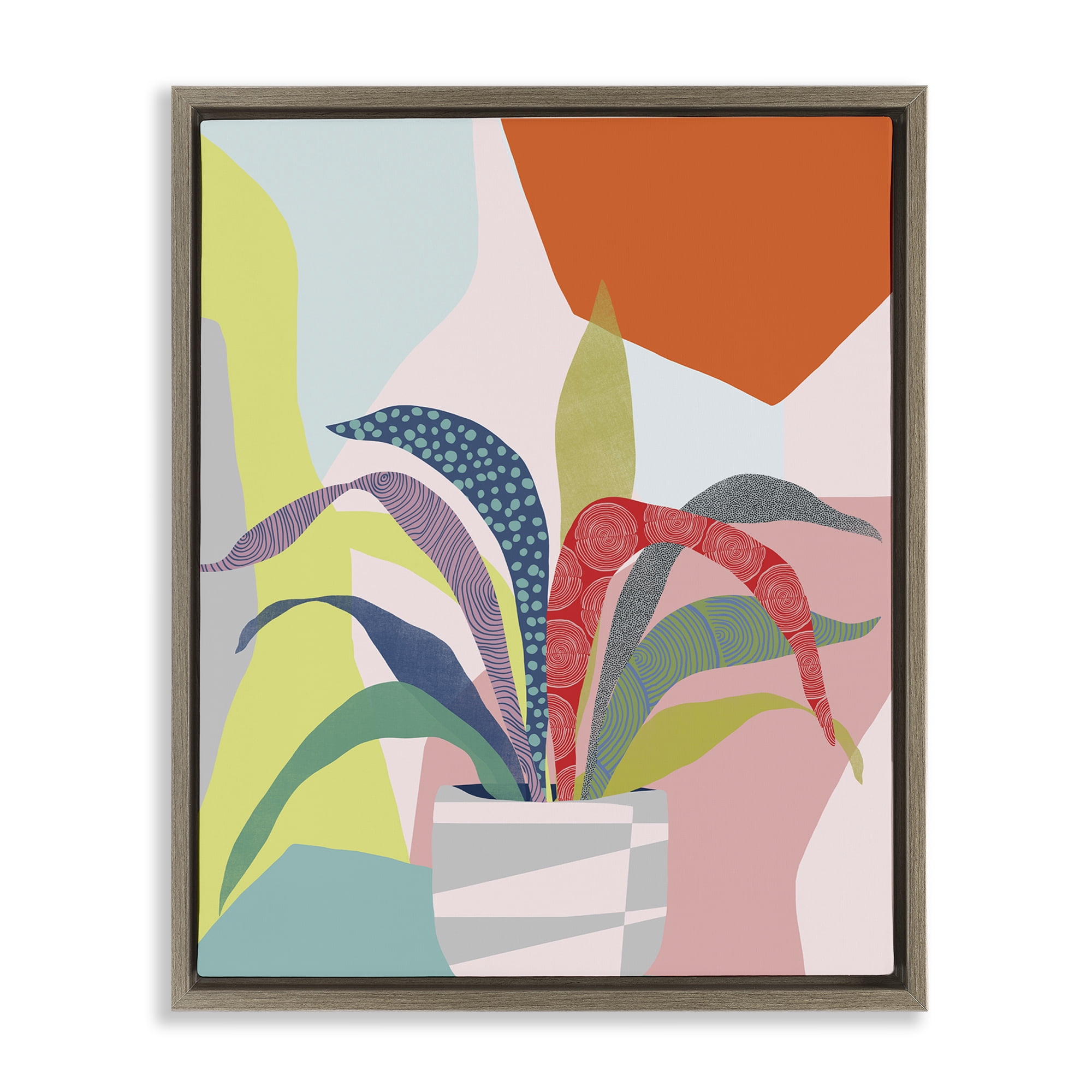 Stupell Industries Modern Geometric Plant Leaves Plants & Flowers Painting Brown Floater Framed Canvas Art Print Wall Art, 25 x 31