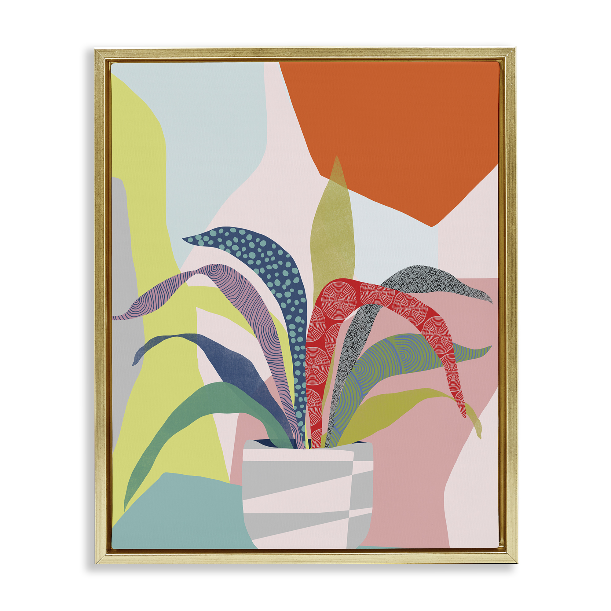 Stupell Industries Modern Geometric Plant Leaves Plants & Flowers Painting Gold Floater Framed Canvas Art Print Wall Art, 25 x 31