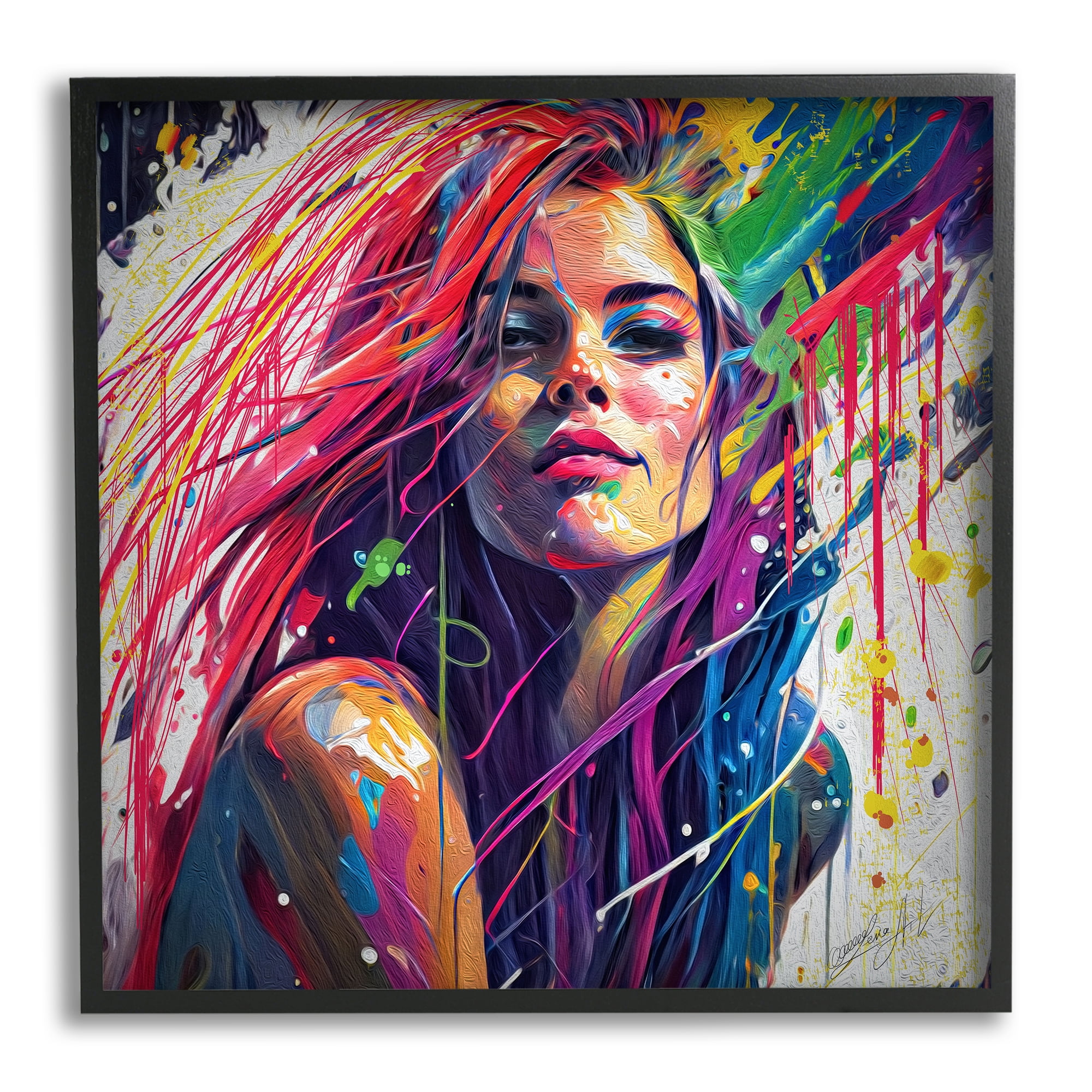 Stupell Industries Modern Girl with Paint Splatter Abstract Painting Black Framed Art Print Wall Art, 24 x 24