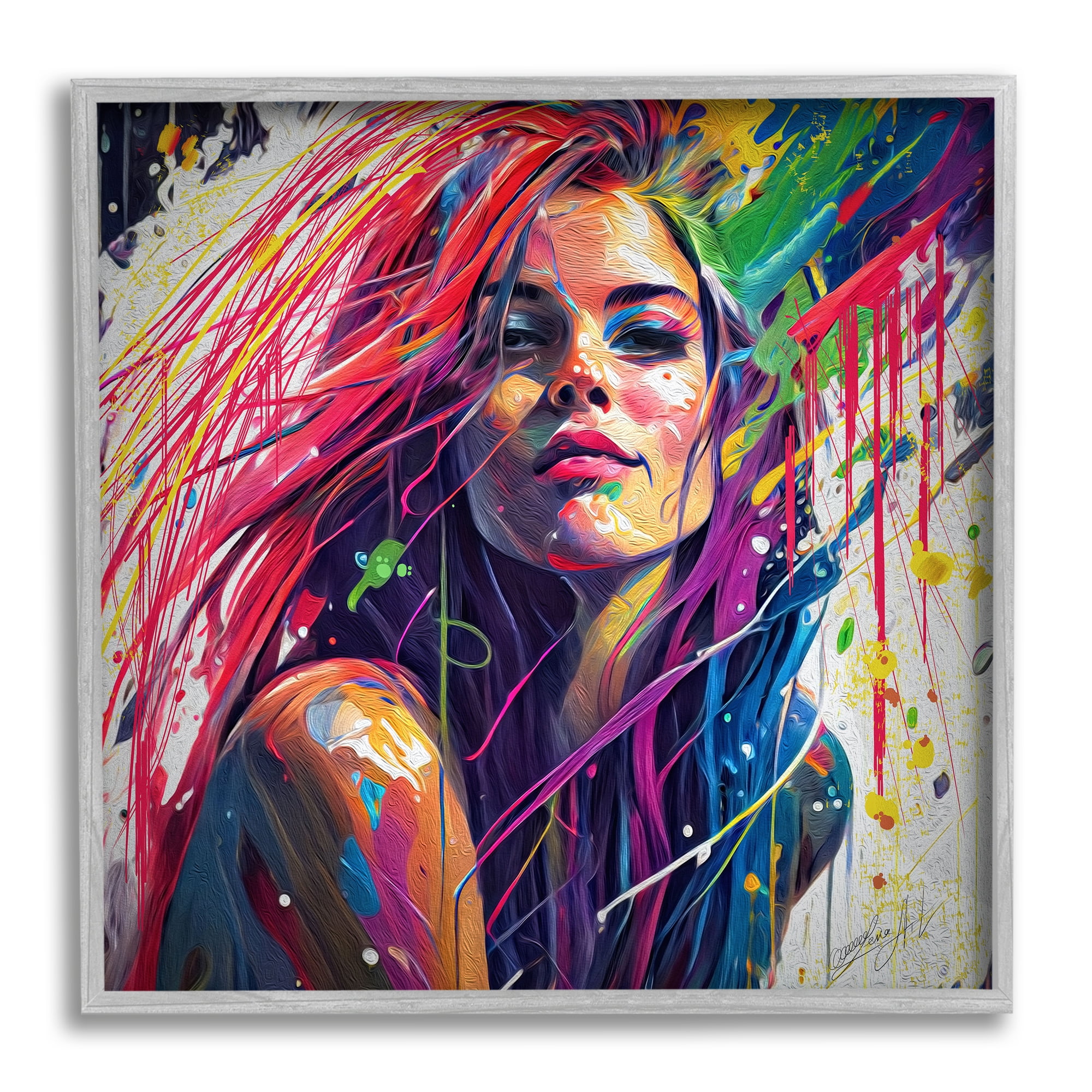 Stupell Industries Modern Girl with Paint Splatter Abstract Painting Gray Framed Art Print Wall Art, 24 x 24