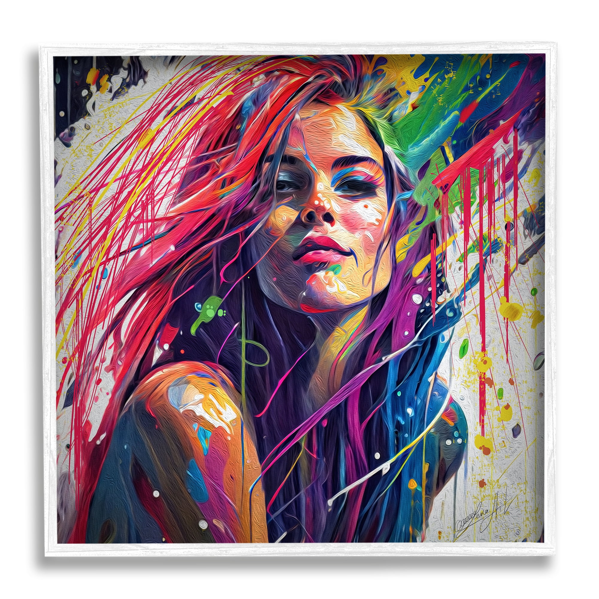 Stupell Industries Modern Girl with Paint Splatter Abstract Painting White Framed Art Print Wall Art, 12 x 12