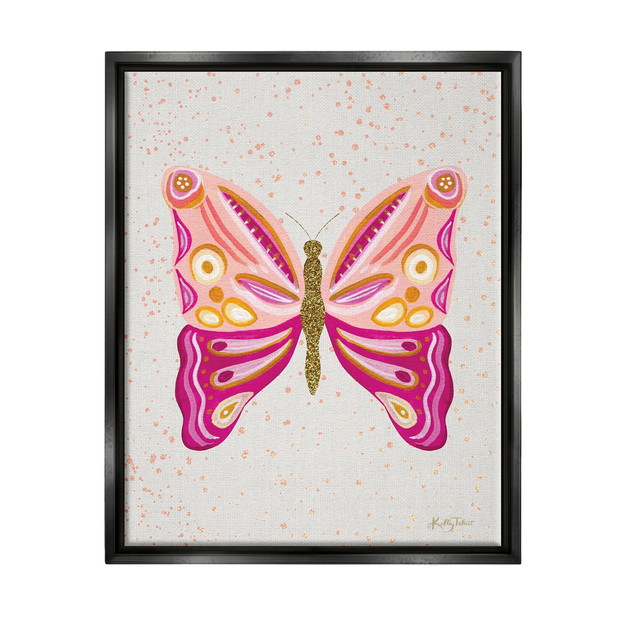 Stupell Industries Modern Glam Pink Butterfly Animals & Insects Painting Black Floater Framed Canvas Art Print Wall Art, 17 x 21