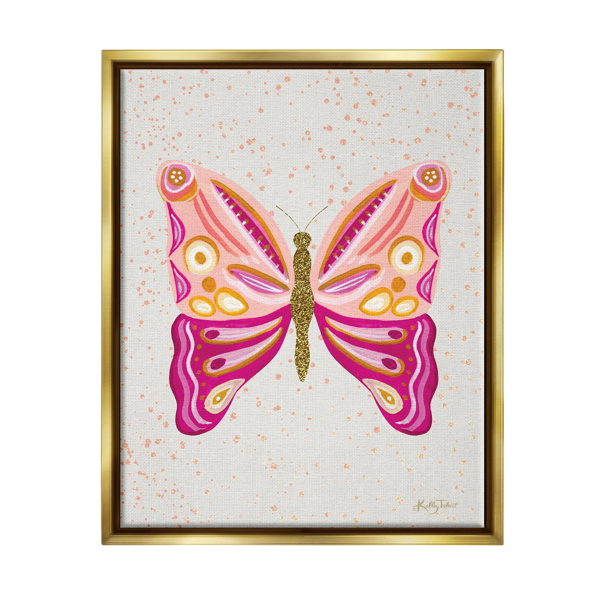 Stupell Industries Modern Glam Pink Butterfly Animals & Insects Painting Gold Floater Framed Canvas Art Print Wall Art, 25 x 31