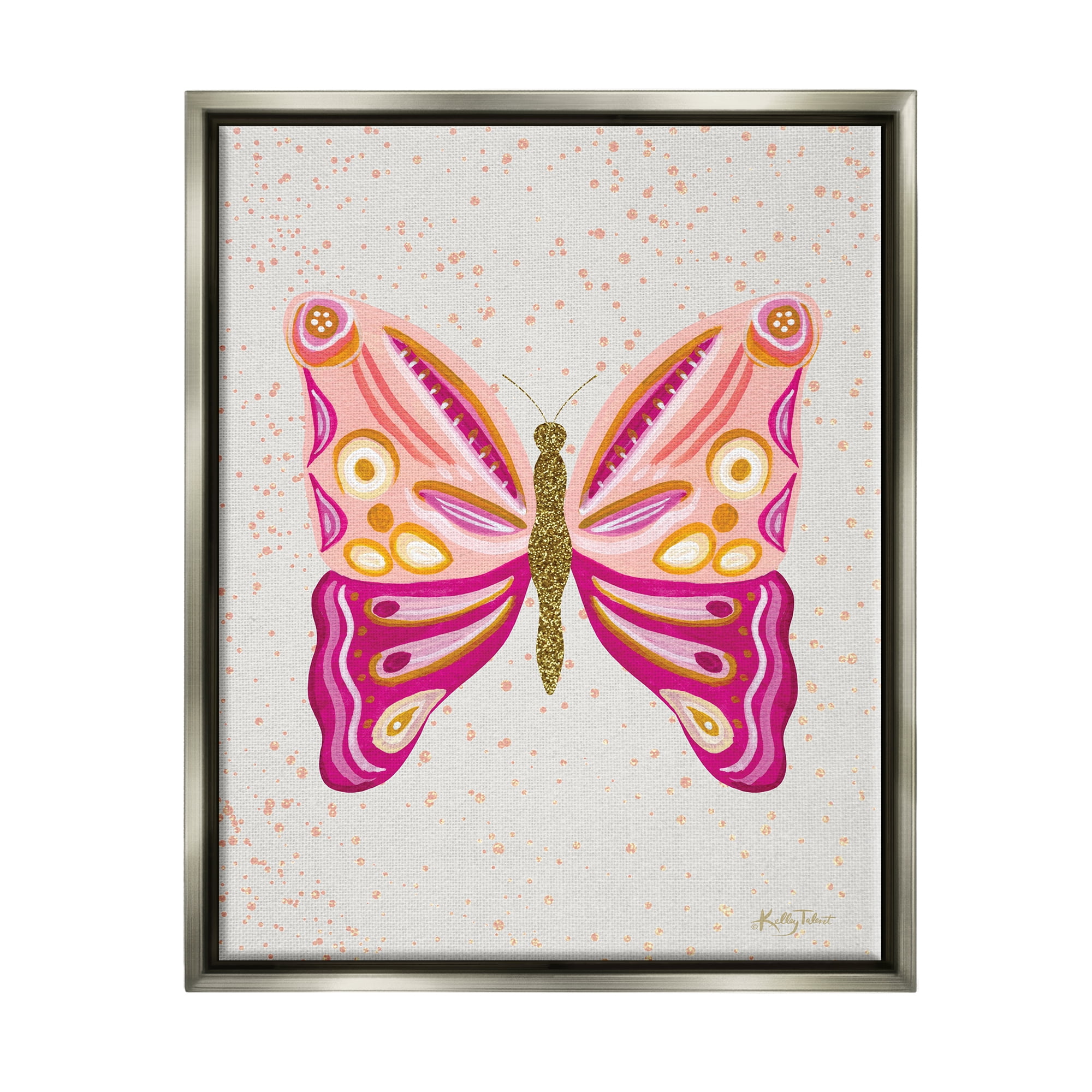 Stupell Industries Modern Glam Pink Butterfly Animals & Insects Painting Gray Floater Framed Canvas Art Print Wall Art, 25 x 31
