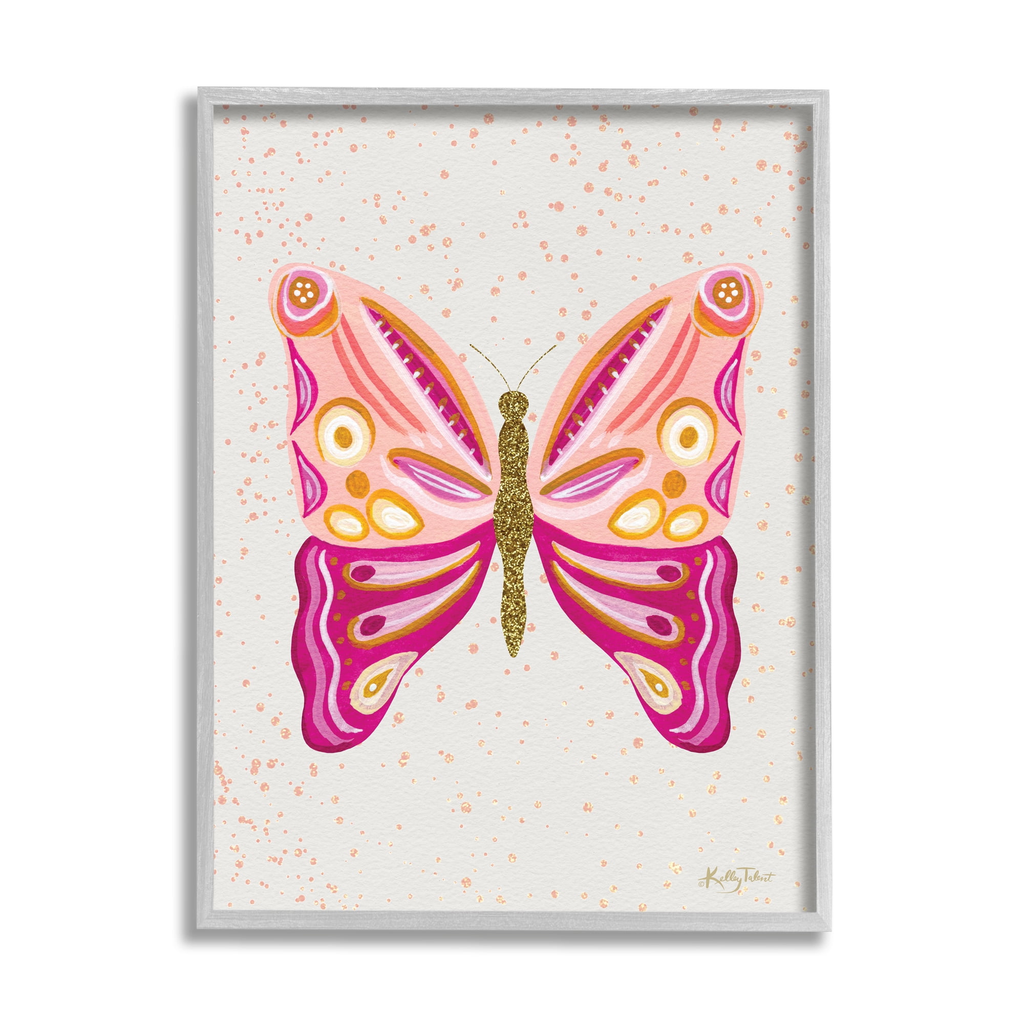 Stupell Industries Modern Glam Pink Butterfly Animals & Insects Painting Gray Framed Art Print Wall Art, 11 x 14