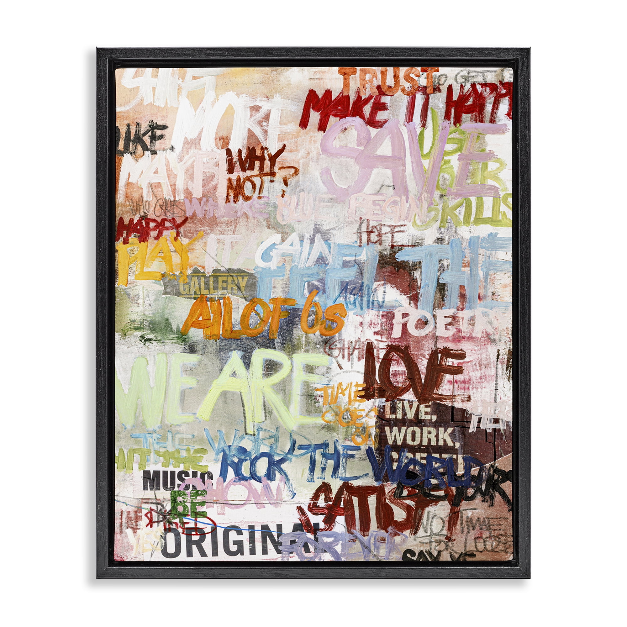 Stupell Industries Modern Graffiti Phrases Abstract Painting Black Floater Framed Canvas Art Print Wall Art, 25 x 31