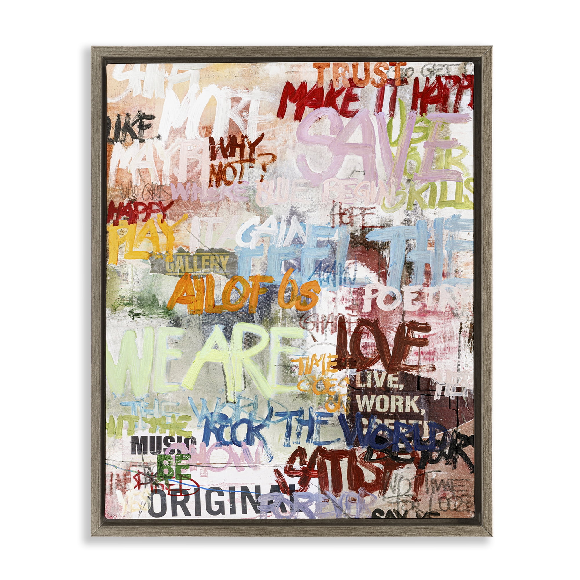Stupell Industries Modern Graffiti Phrases Abstract Painting Brown Floater Framed Canvas Art Print Wall Art, 17 x 21