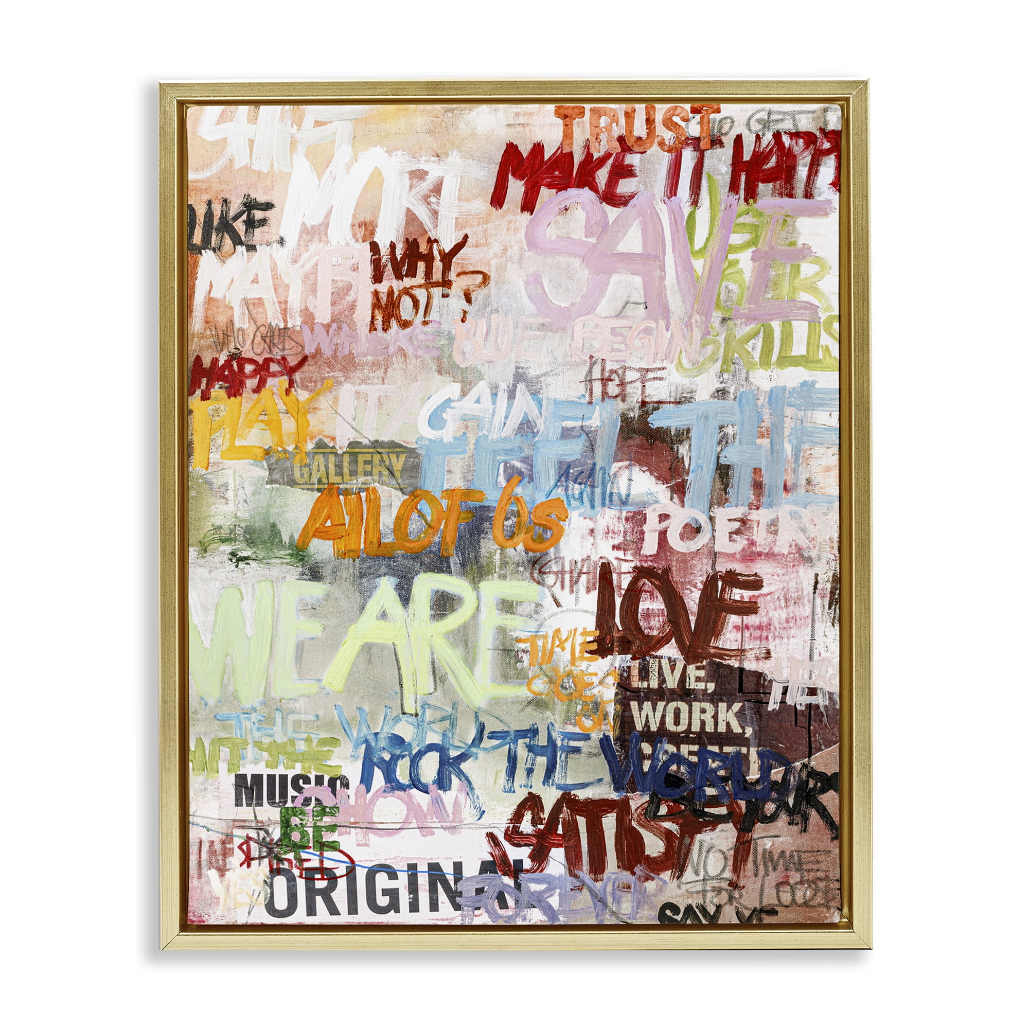 Stupell Industries Modern Graffiti Phrases Abstract Painting Gold Floater Framed Canvas Art Print Wall Art, 17 x 21