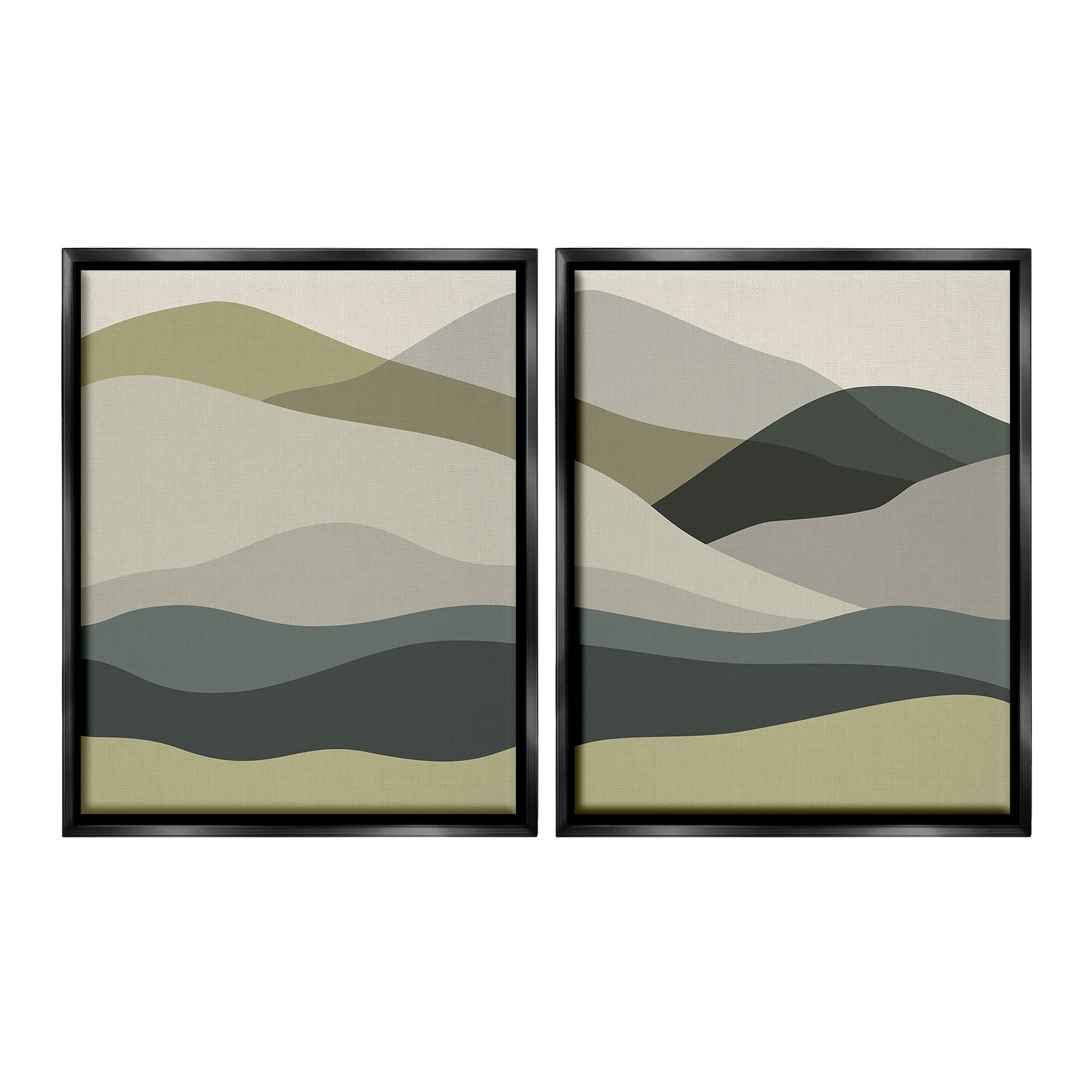 Stupell Industries Modern Green Mountains Landscape Painting Black Floater Framed Canvas Art Print Wall Art, 17 x 21, Set of 2