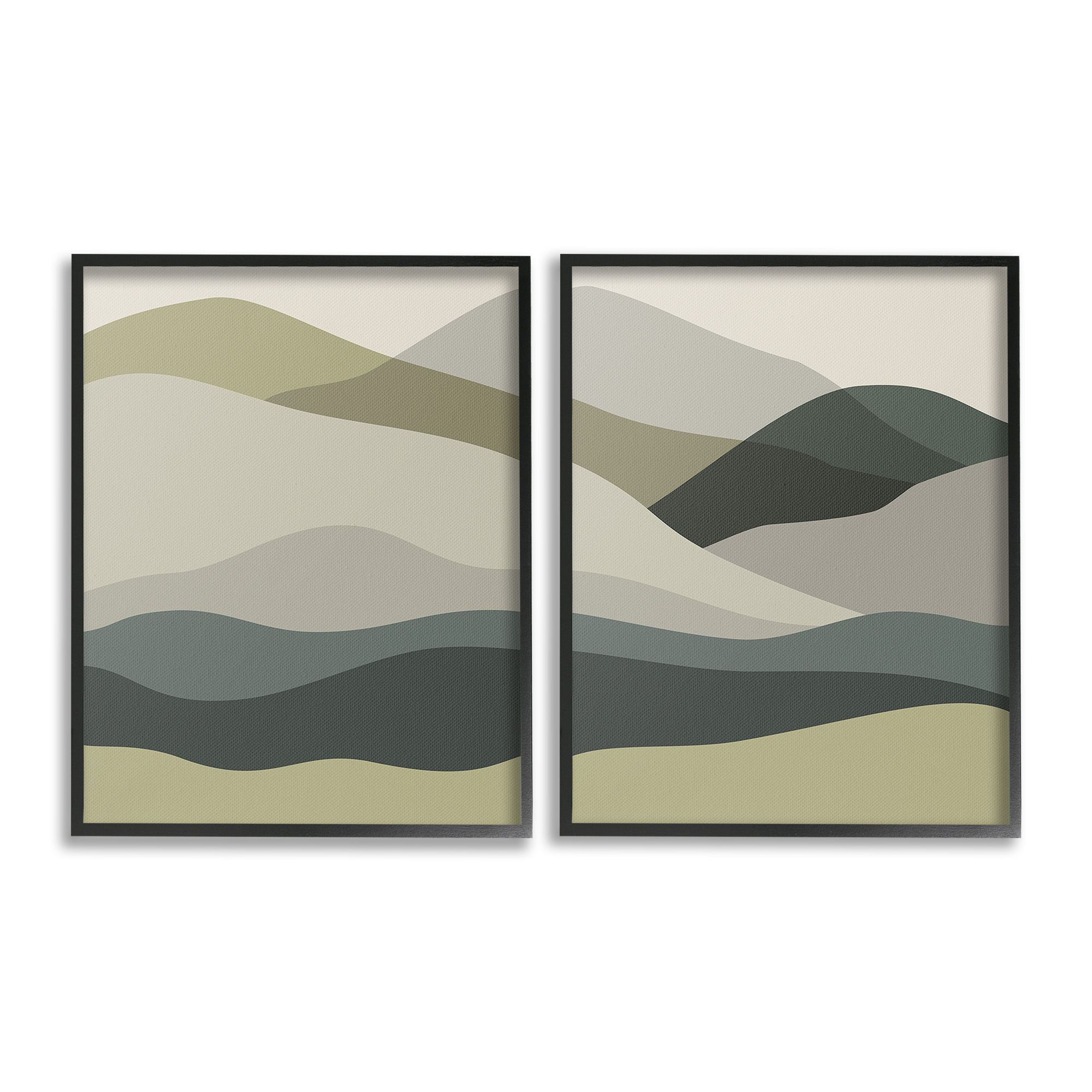 Stupell Industries Modern Green Mountains Landscape Painting Black Framed Art Print Wall Art, 16 x 20, Set of 2