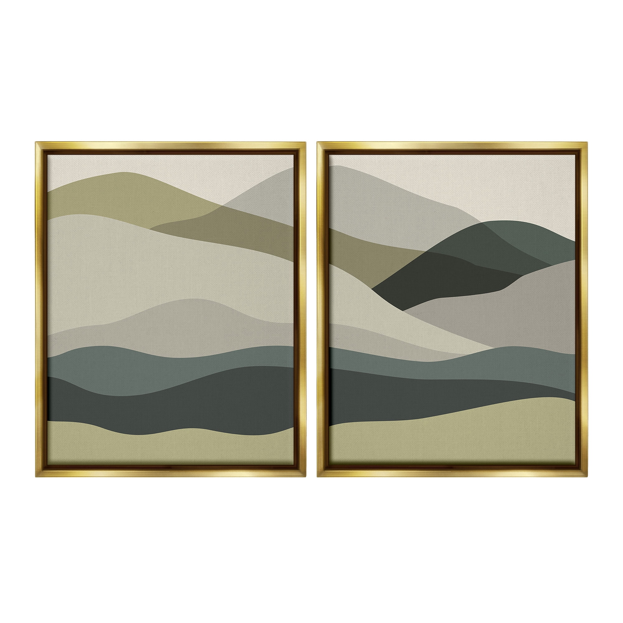 Stupell Industries Modern Green Mountains Landscape Painting Gold Floater Framed Canvas Art Print Wall Art, 17 x 21, Set of 2