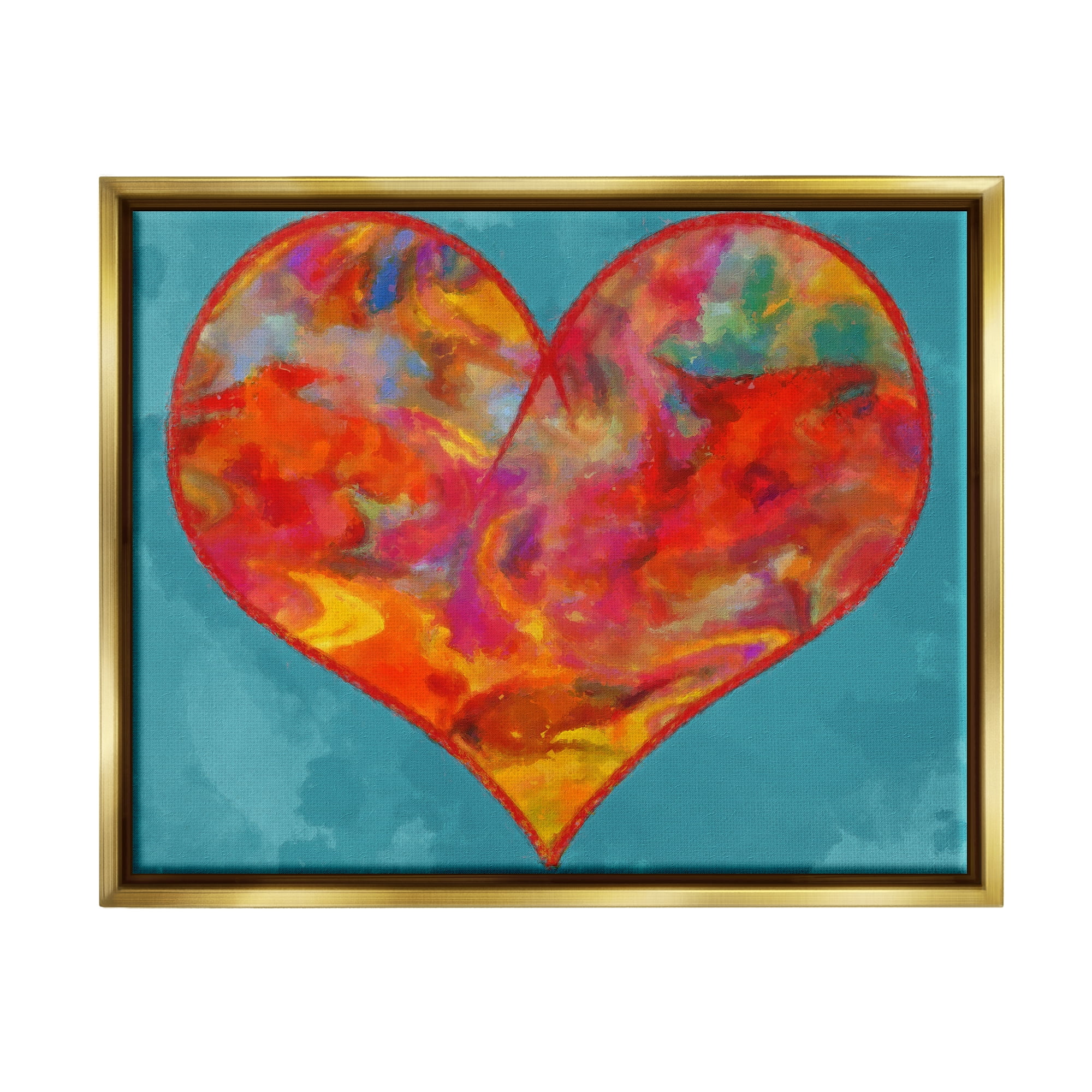 Stupell Industries Modern Heart on Blue Abstract Painting Gold Floater Framed Canvas Art Print Wall Art, 21 x 17