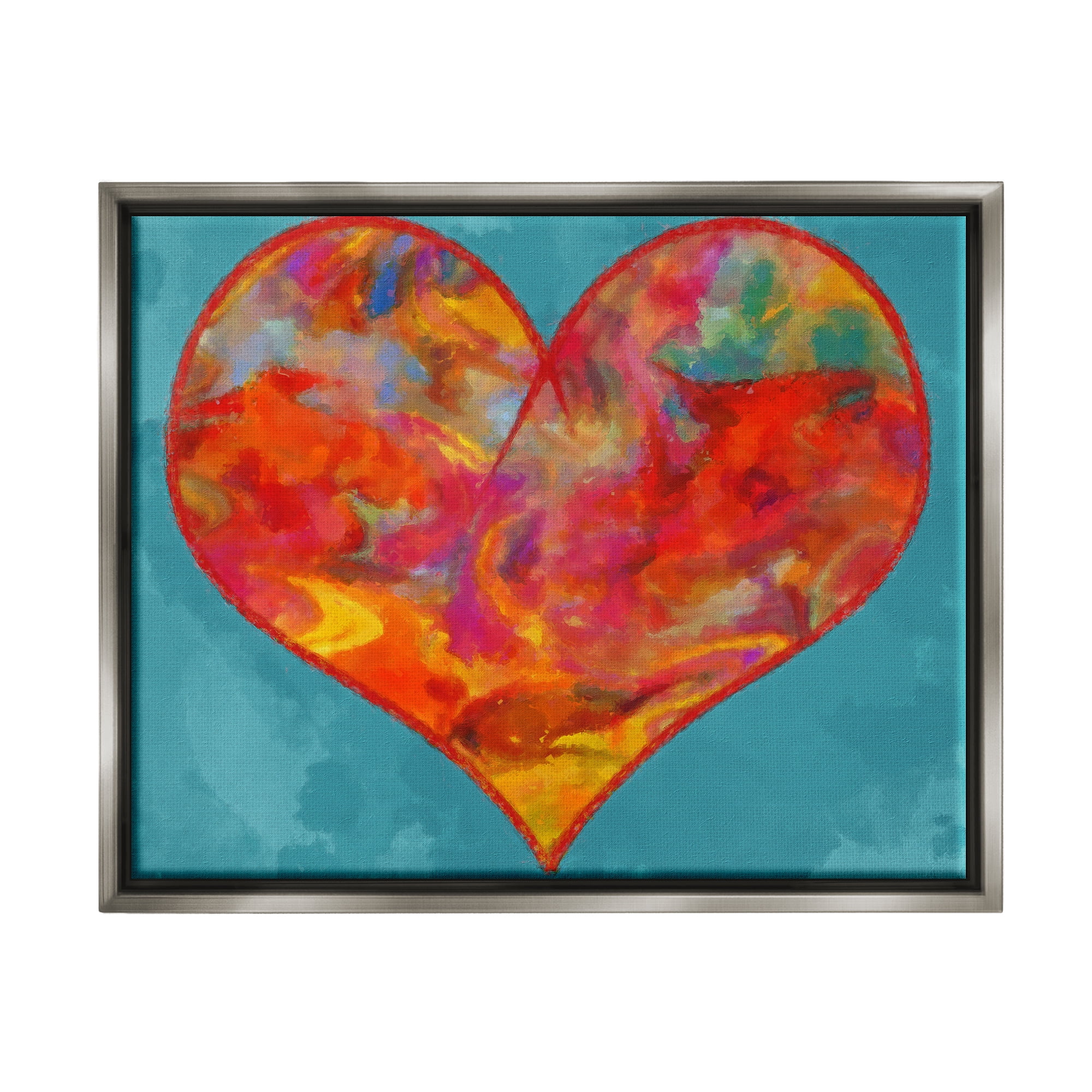 Stupell Industries Modern Heart on Blue Abstract Painting Gray Floater Framed Canvas Art Print Wall Art, 21 x 17