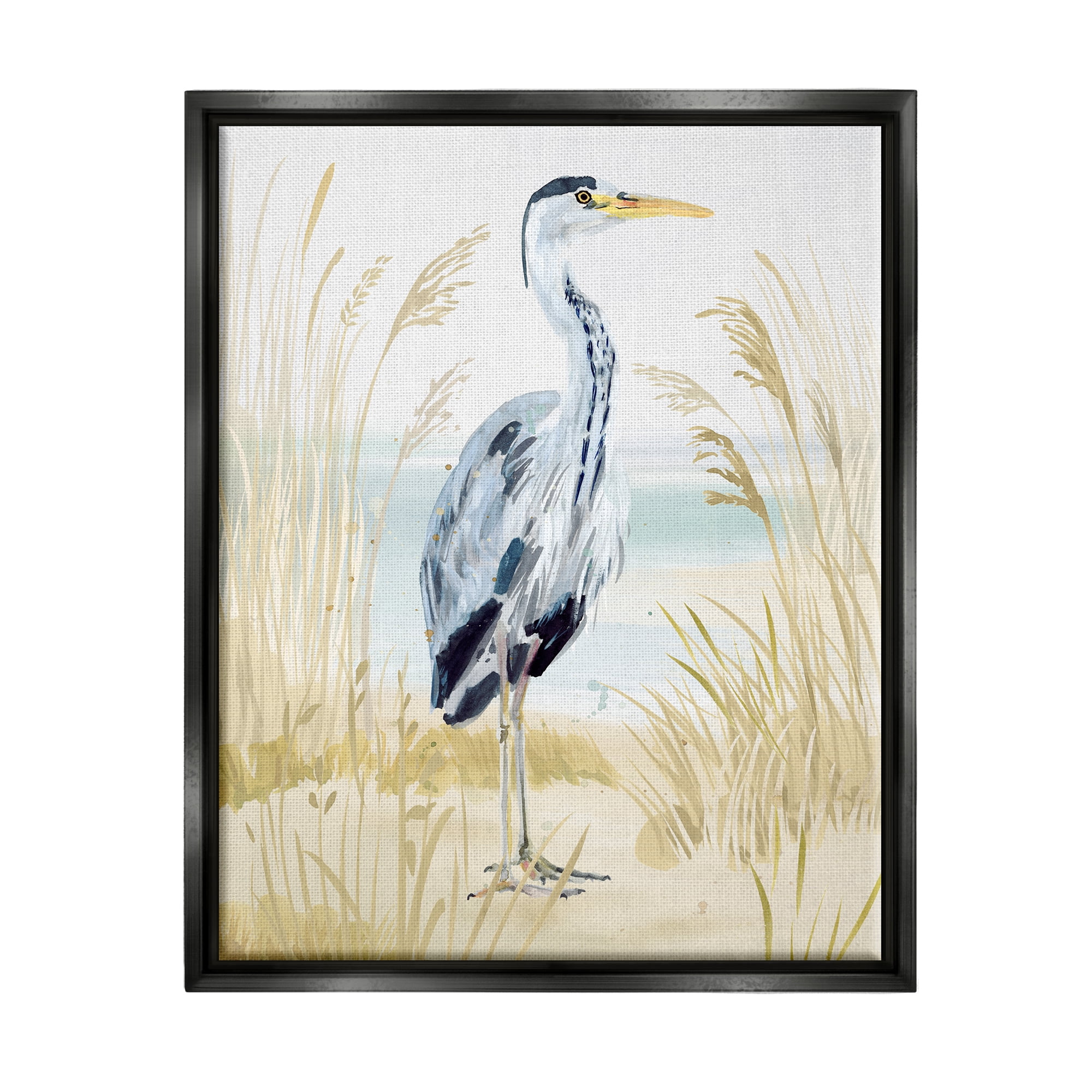 Stupell Industries Modern Heron on Beach Animals & Insects Painting Black Floater Framed Canvas Art Print Wall Art, 25 x 31