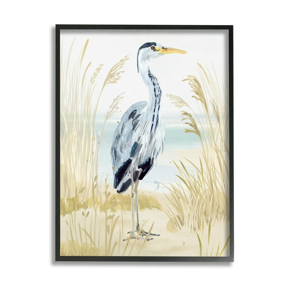 Stupell Industries Modern Heron on Beach Animals & Insects Painting Black Framed Art Print Wall Art, 11 x 14