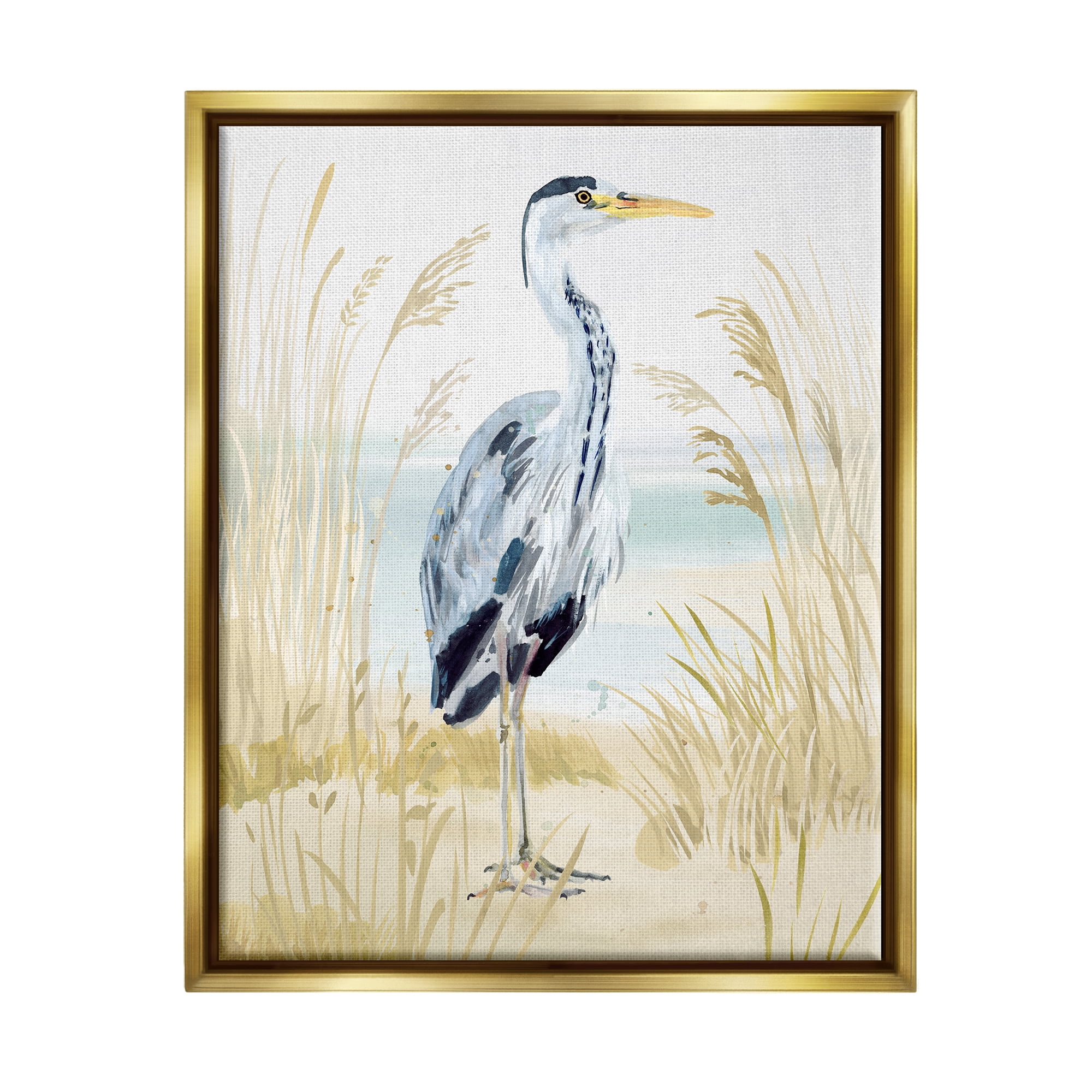Stupell Industries Modern Heron on Beach Animals & Insects Painting Gold Floater Framed Canvas Art Print Wall Art, 17 x 21