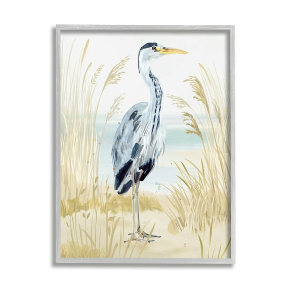 Stupell Industries Modern Heron on Beach Animals & Insects Painting Gray Framed Art Print Wall Art, 24 x 30