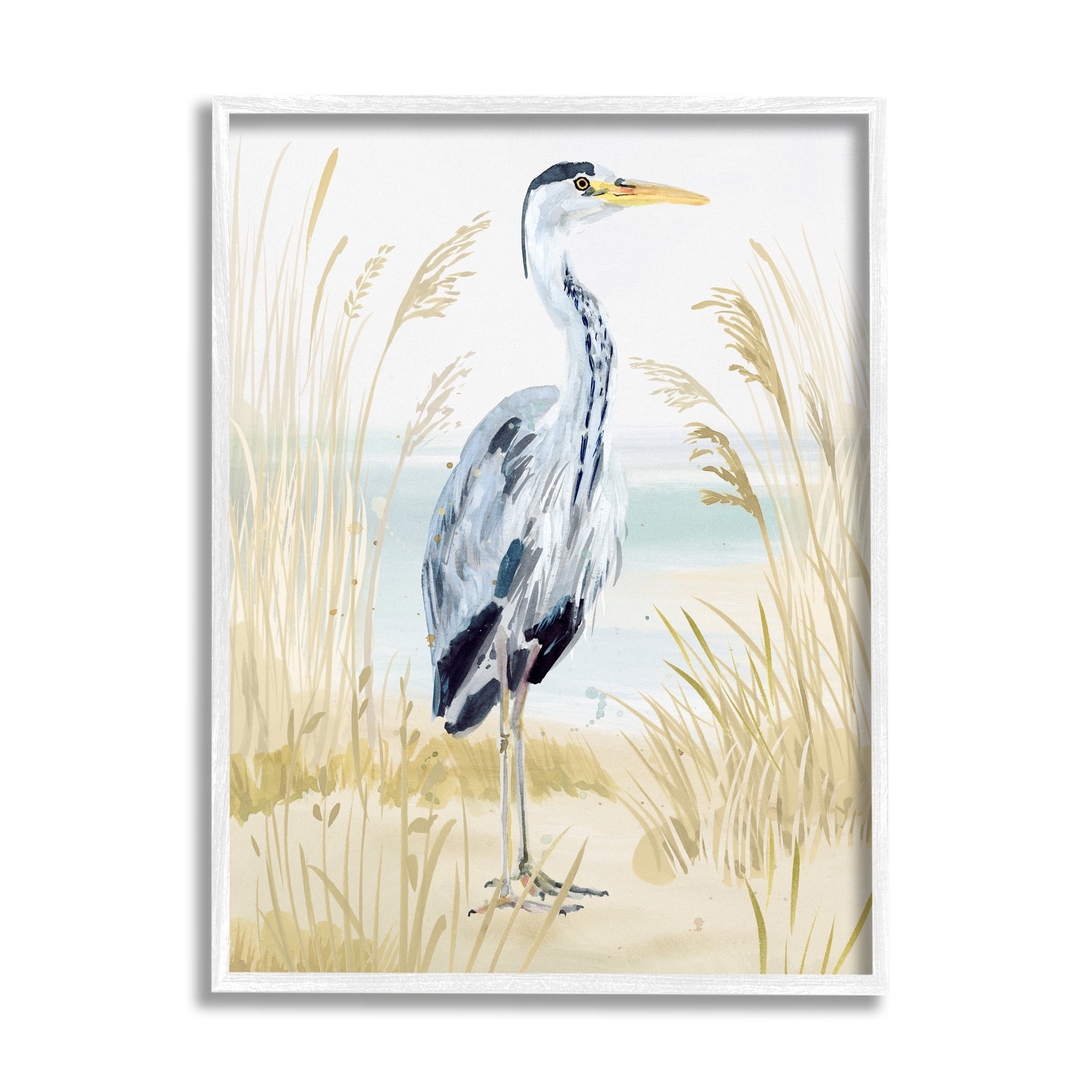 Stupell Industries Modern Heron on Beach Animals & Insects Painting White Framed Art Print Wall Art, 11 x 14
