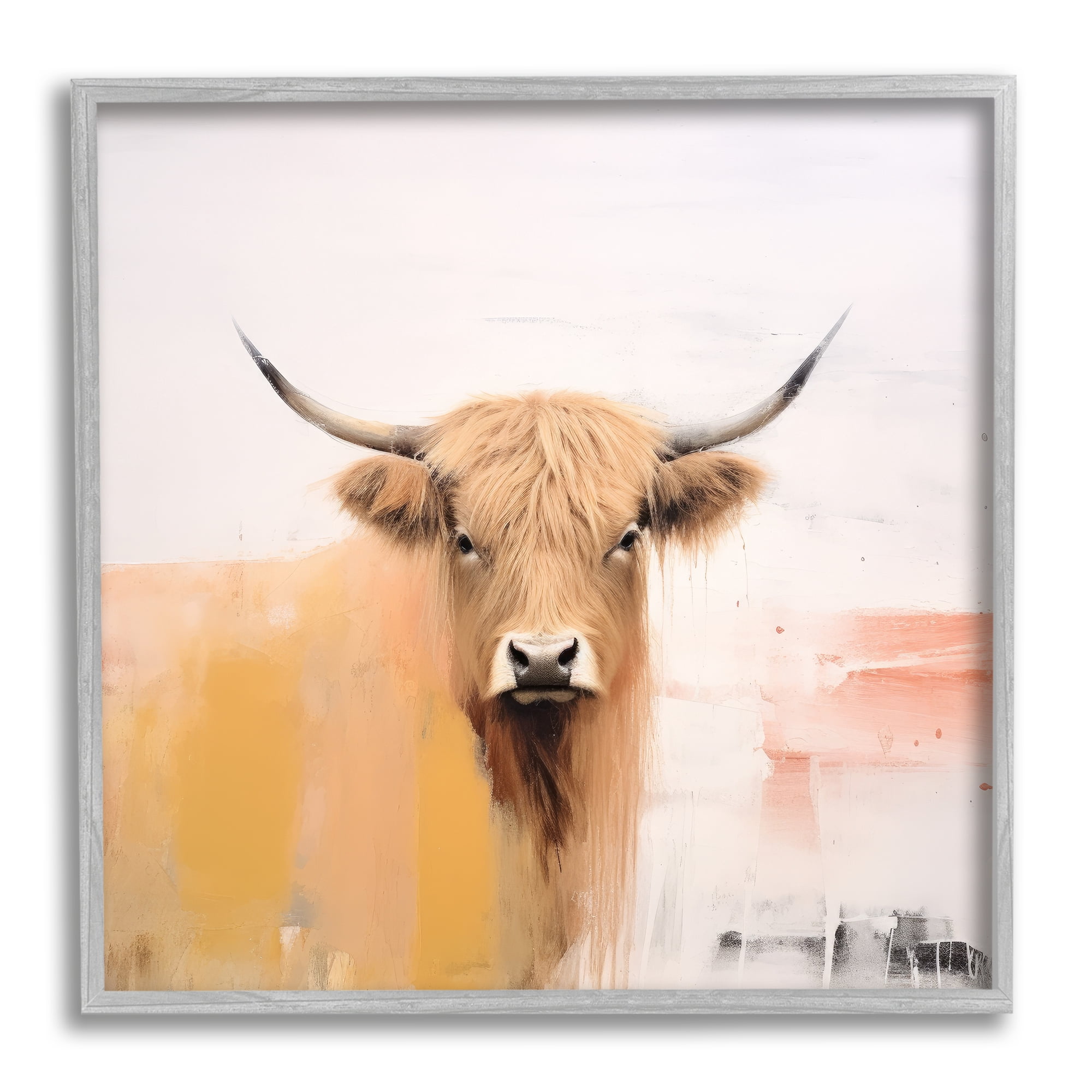 Stupell Industries Modern Highland Cow Animals & Insects Painting Gray Framed Art Print Wall Art, 12 x 12
