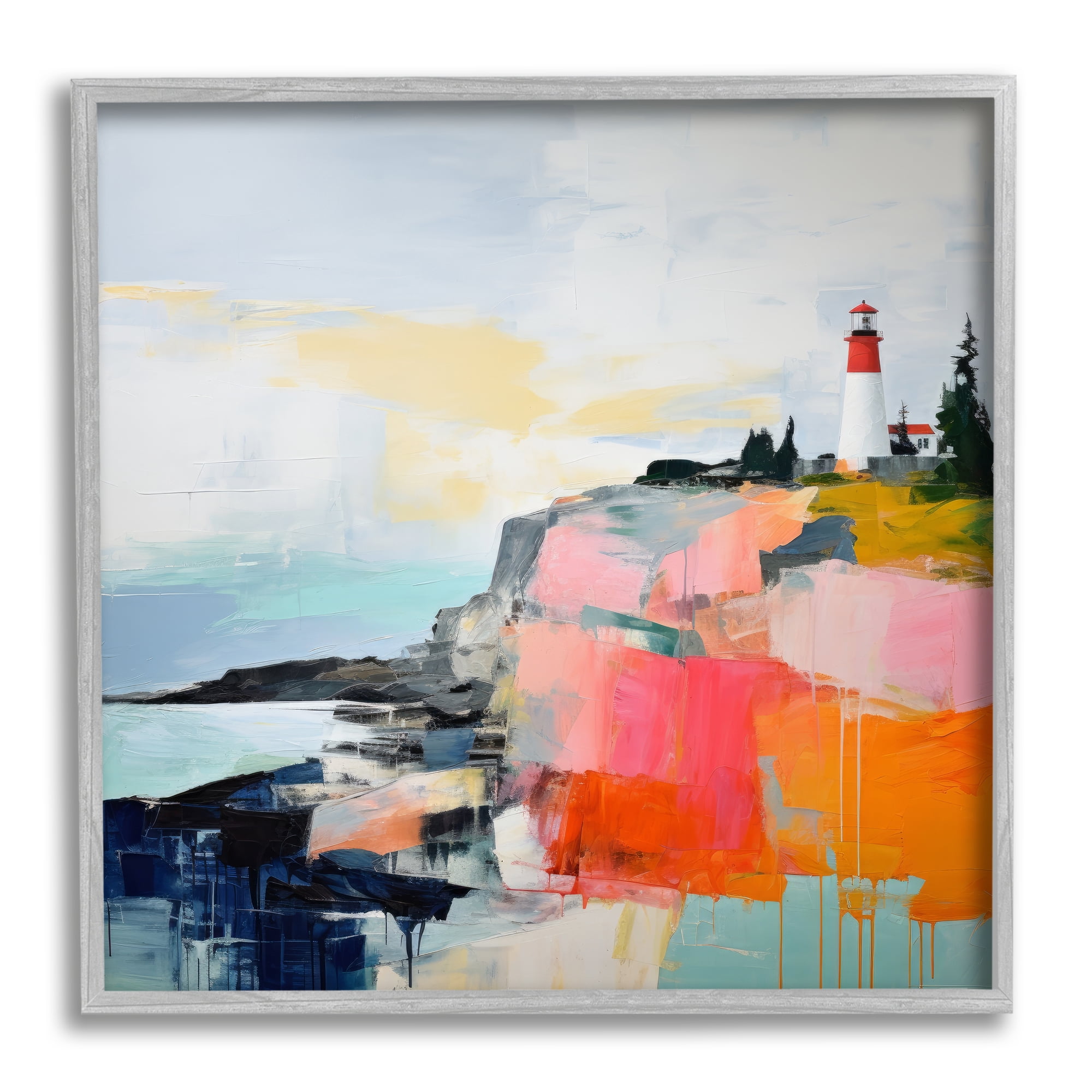 Stupell Industries Modern Hued Lighthouse Landscape Painting Gray Framed Art Print Wall Art, 17 x 17