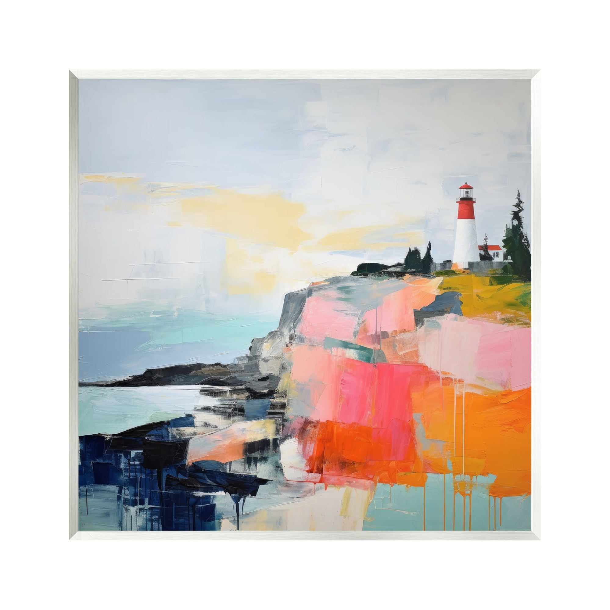Stupell Industries Modern Hued Lighthouse Landscape Painting Unframed Art Print Wall Art, 12 x 12