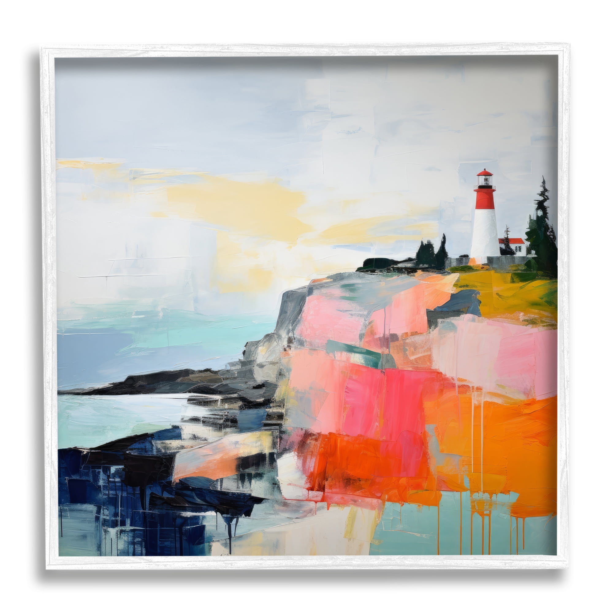 Stupell Industries Modern Hued Lighthouse Landscape Painting White Framed Art Print Wall Art, 24 x 24