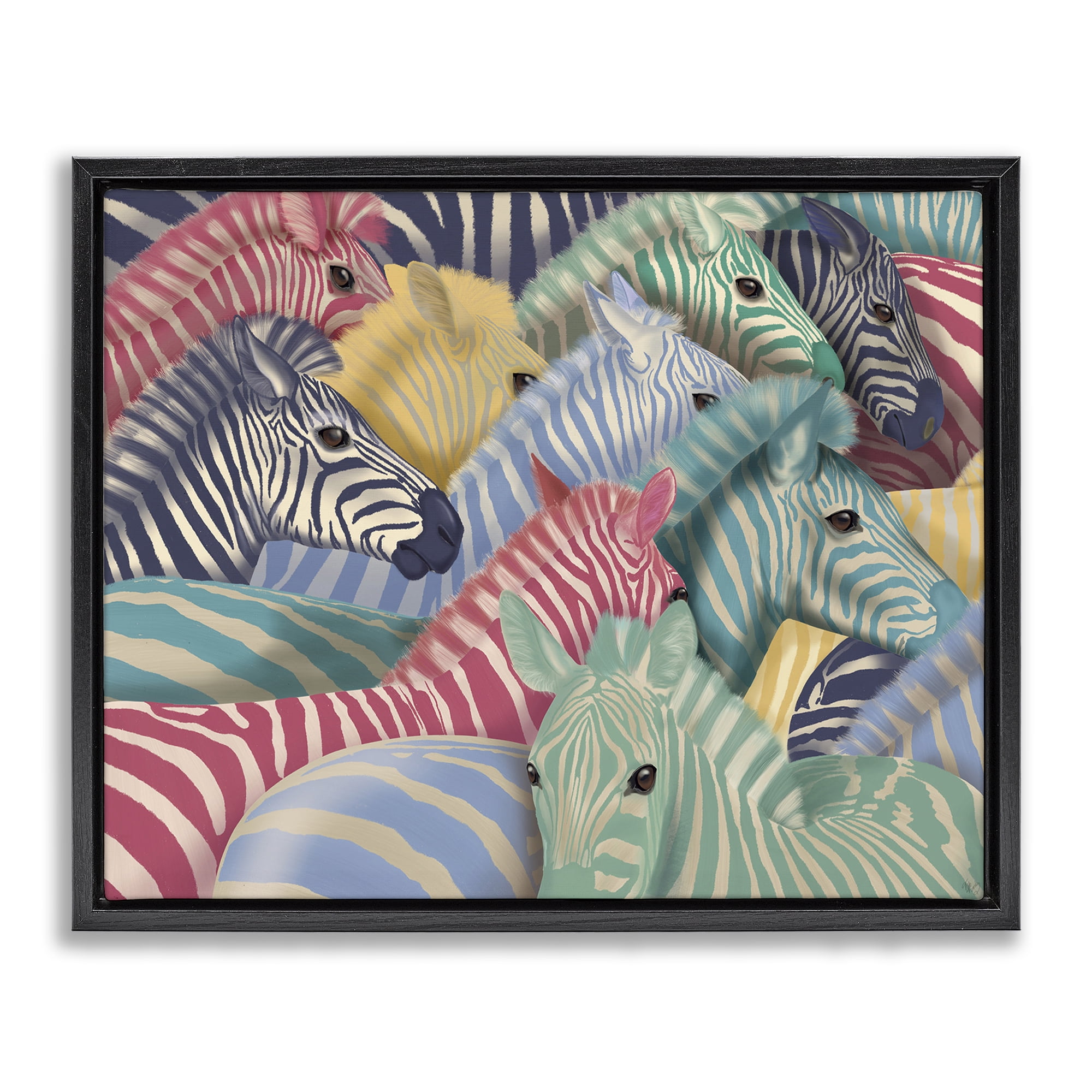 Stupell Industries Modern Hued Zebras Animals Painting Black Floater Framed Canvas Art Print Wall Art, 21 x 17