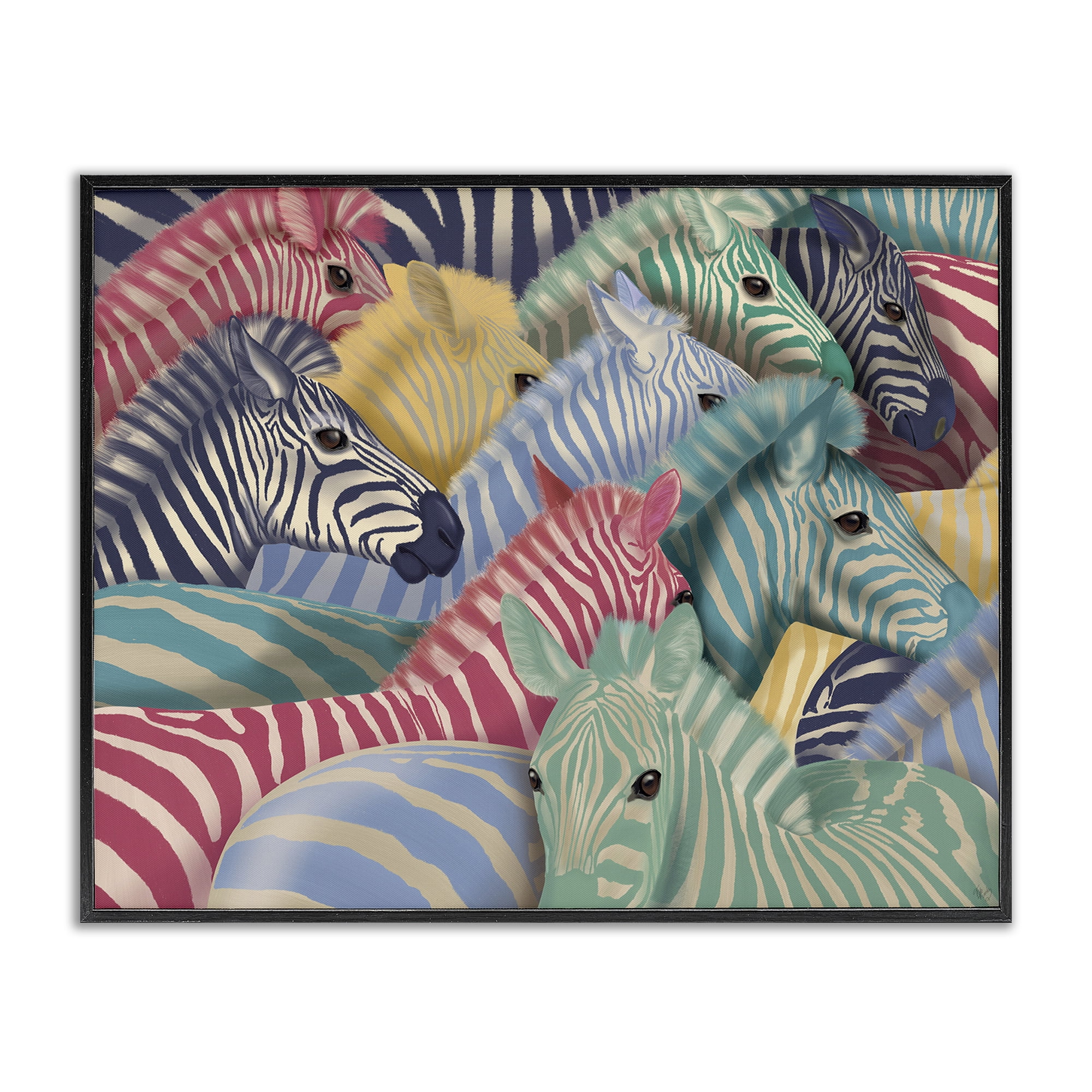 Stupell Industries Modern Hued Zebras Animals Painting Black Framed Art Print Wall Art, 30 x 24
