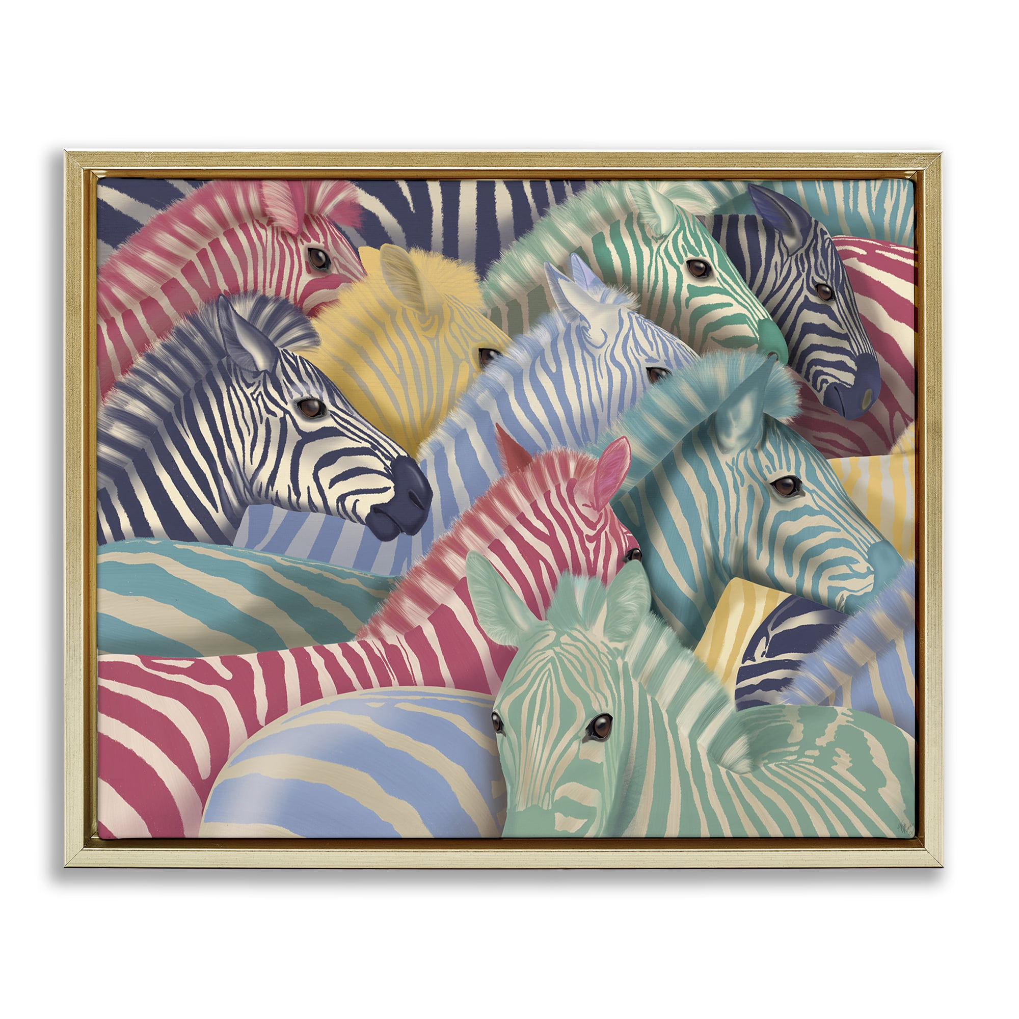 Stupell Industries Modern Hued Zebras Animals Painting Gold Floater Framed Canvas Art Print Wall Art, 21 x 17