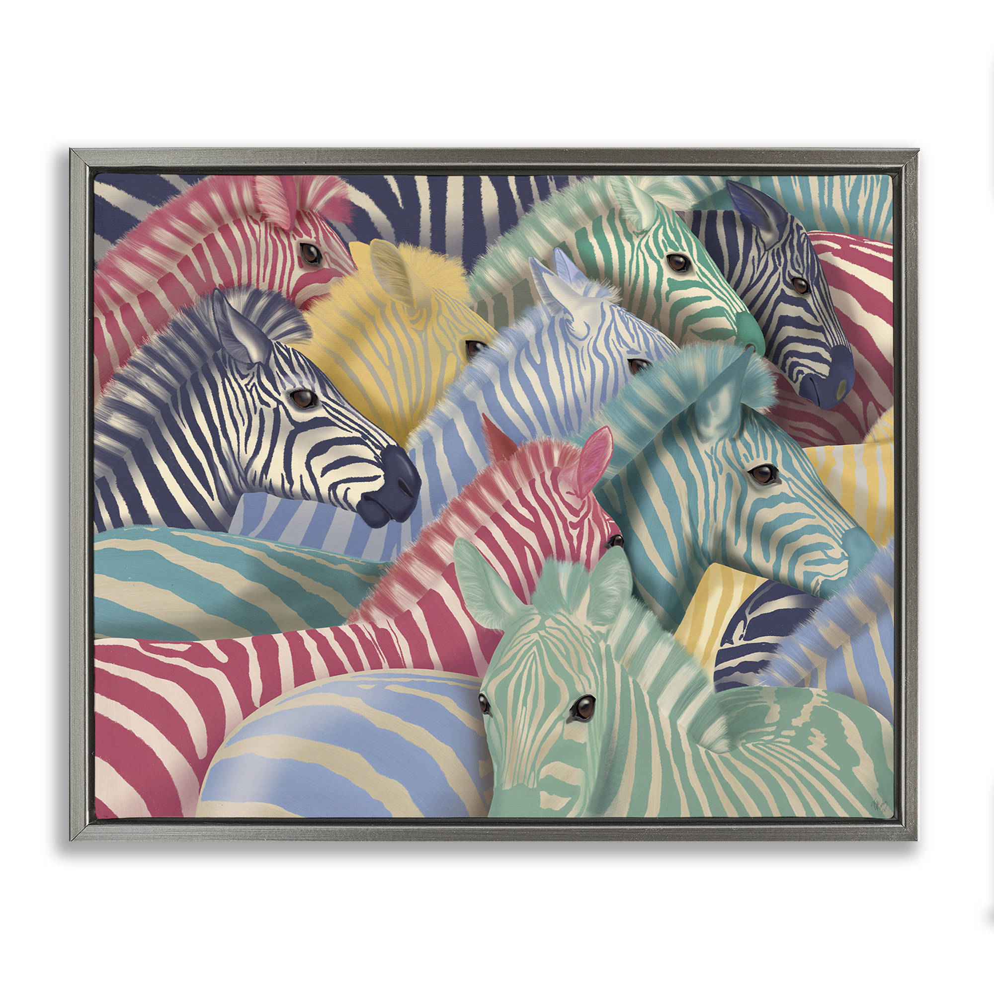 Stupell Industries Modern Hued Zebras Animals Painting Gray Floater Framed Canvas Art Print Wall Art, 21 x 17