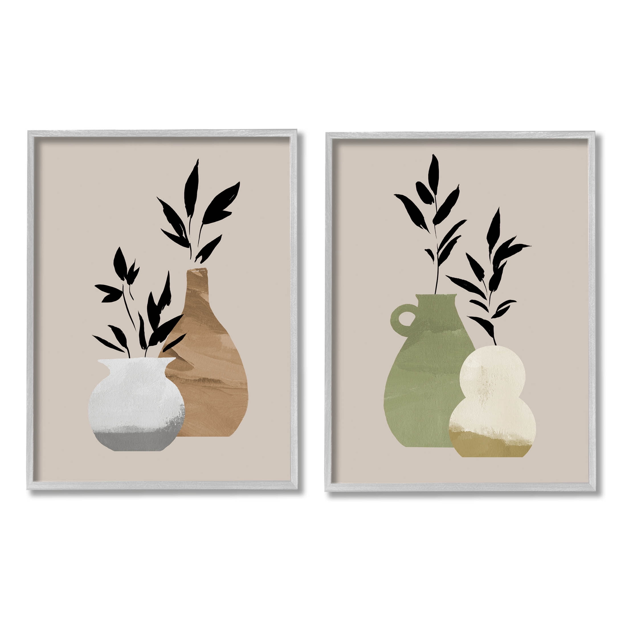 Stupell Industries Modern Ikebana Plant Vases Graphic Art Gray Framed Art Print Wall Art, Set of 2, Design by Jacob Green