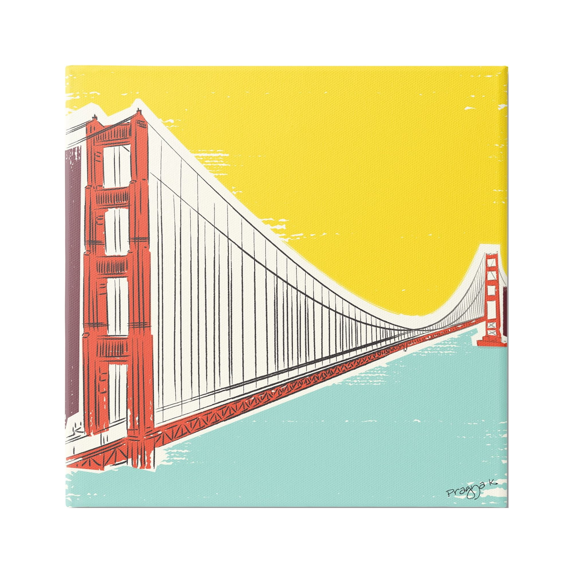 Modern Industrial Bridge Landscape Canvas Art in Yellow and Red, 24 x 24